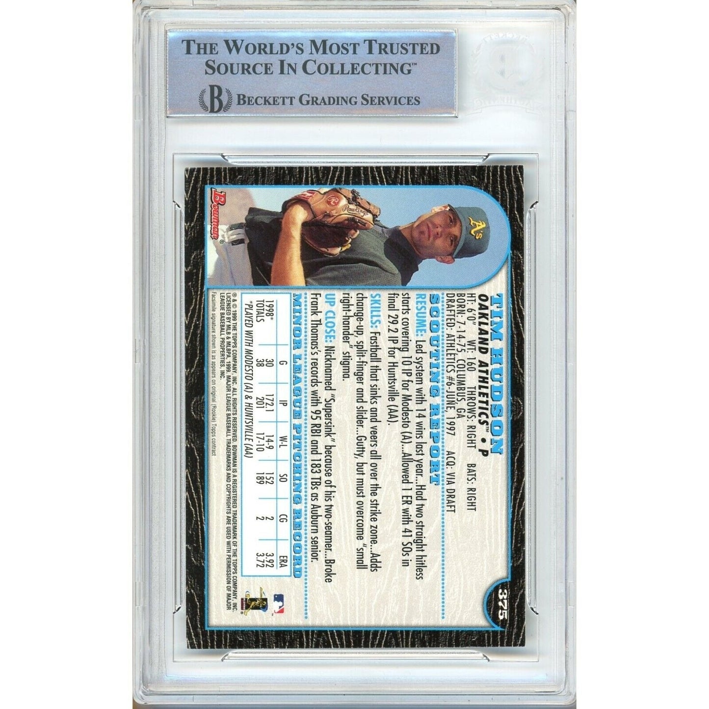 Tim Hudson Oakland Athletics Signed 1999 Bowman Rookie Card Beckett Authentic Auto Slab