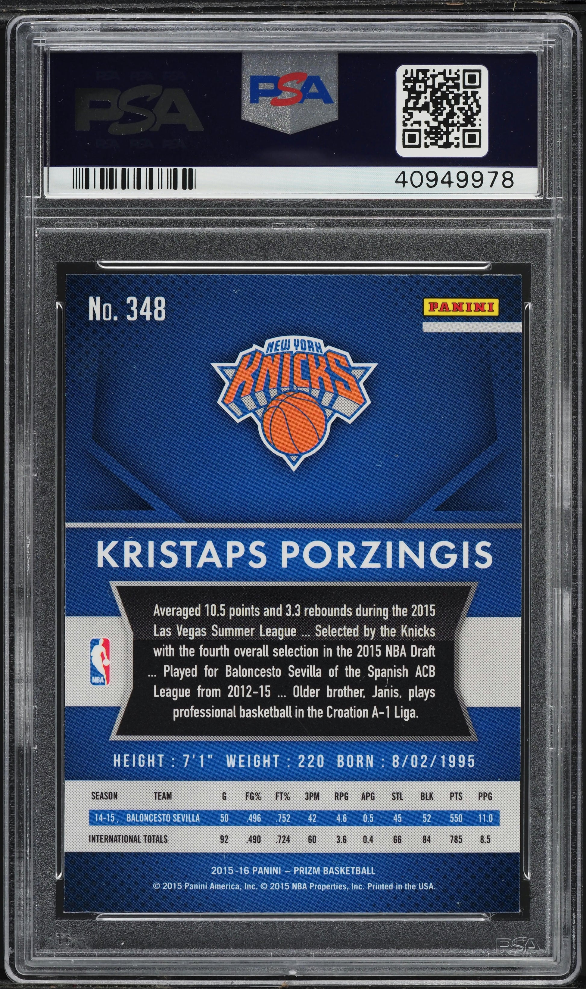 Graded 2015 Panini Prizm Kristaps Porzingis #348 Rookie RC Basketball Card PSA 10 Gem Mint - Sport Cards