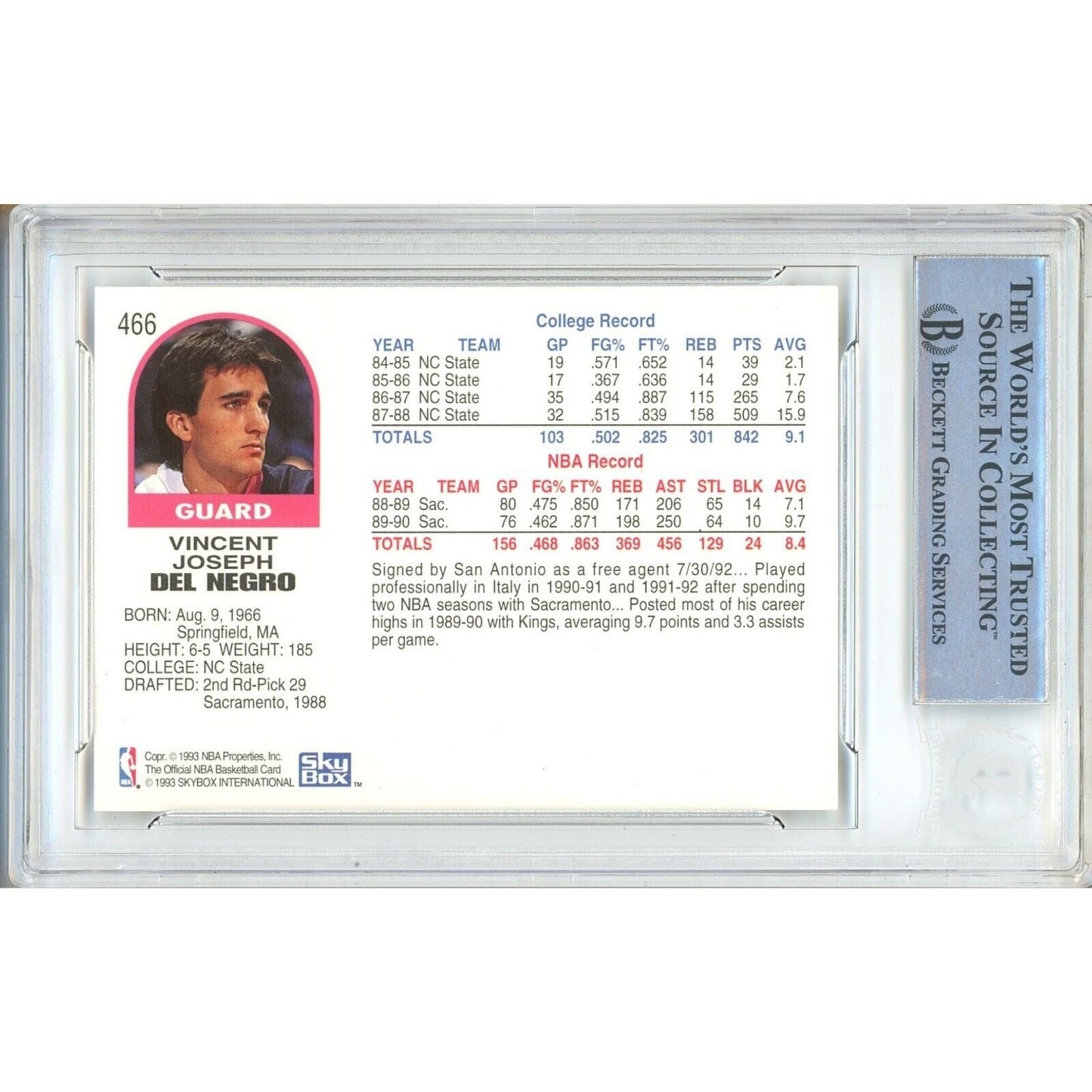 Vinny Del Negro San Antonio Spurs Signed 1991-92 NBA Hoops Basketball Card Beckett Slab