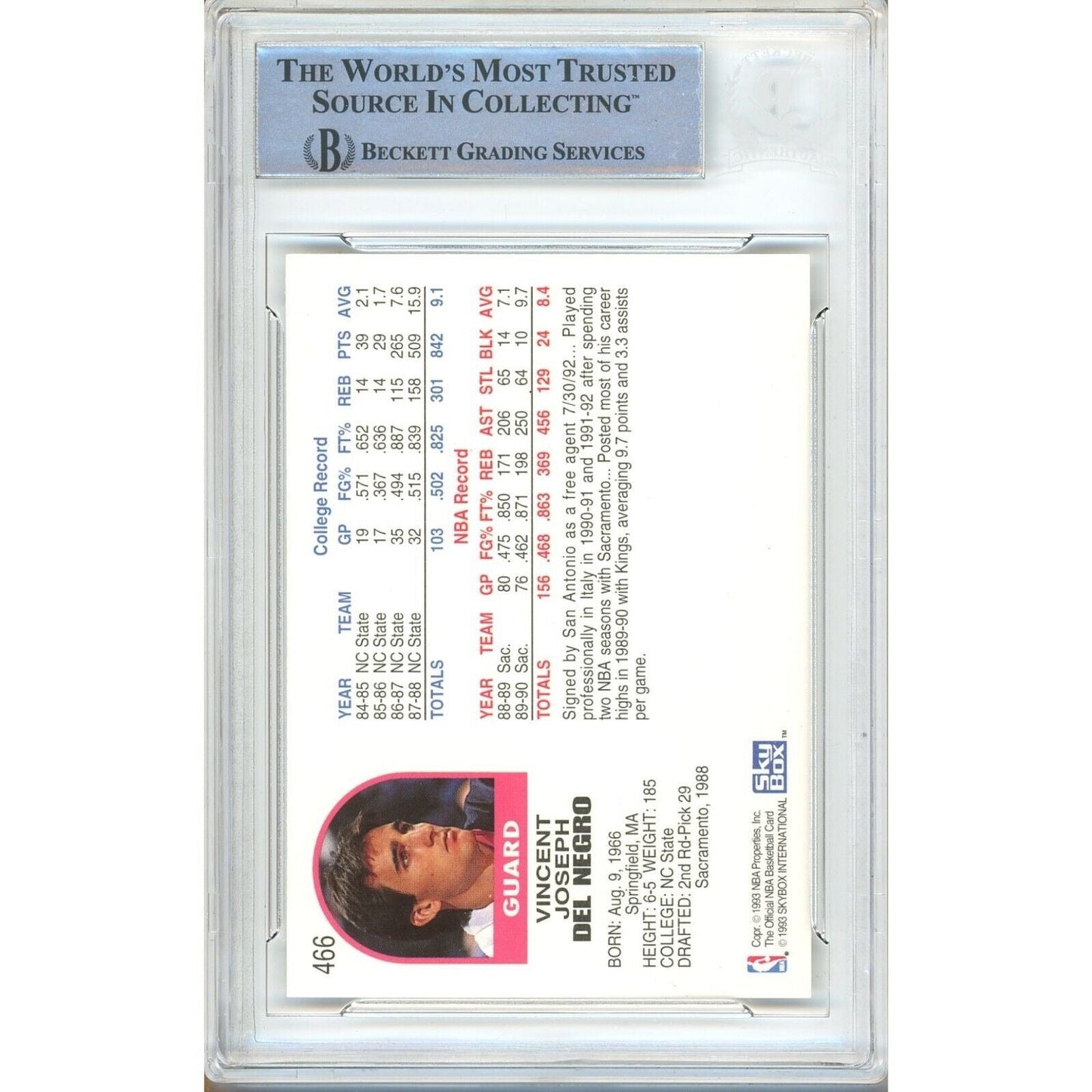 Vinny Del Negro San Antonio Spurs Signed 1991-92 NBA Hoops Basketball Card Beckett Slab