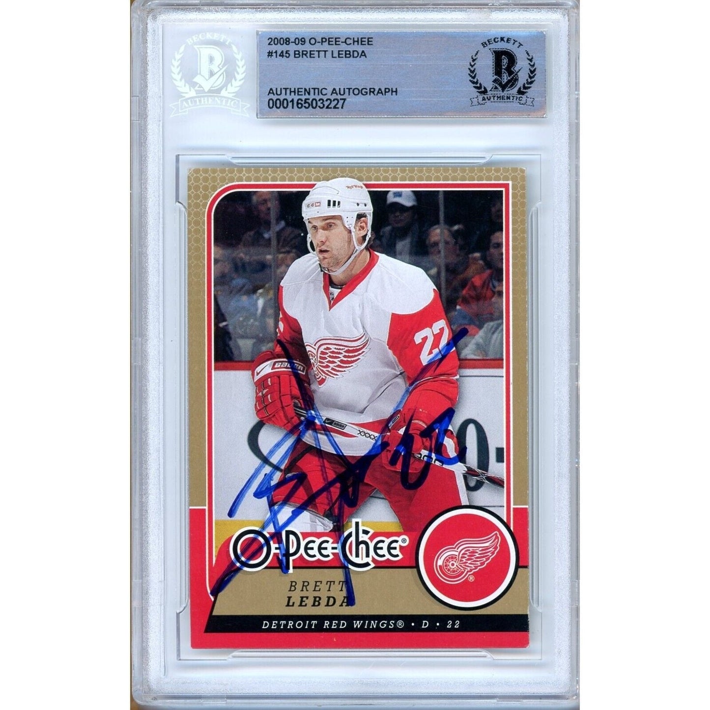 2008-09 O-Pee-Chee #145 — Brett Lebda Detroit Red Wings Autographed Trading Card — Beckett Authentication