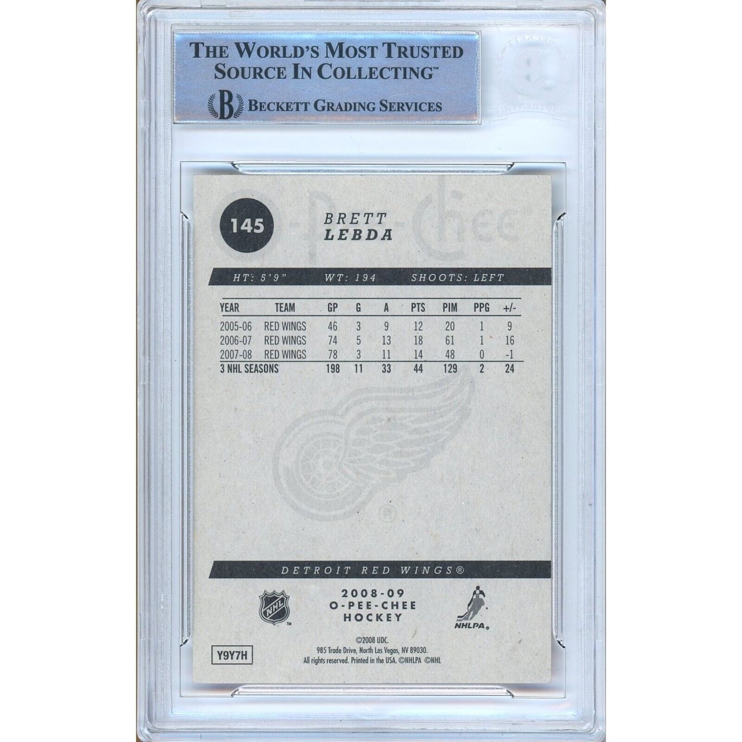 2008-09 O-Pee-Chee #145 — Brett Lebda Detroit Red Wings Autographed Trading Card — Beckett Authentication
