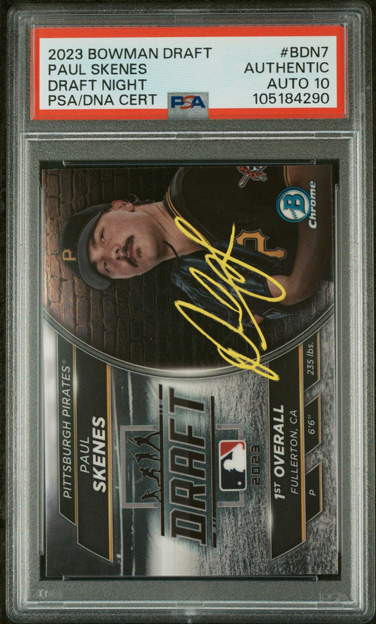 Graded 2023 Topps Bowman Draft Paul Skenes #BDN7 Draft Night Rookie RC Baseball Card PSA 10 Auto Grade Gem Mint