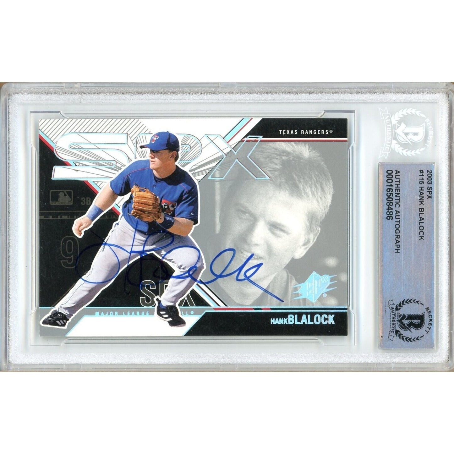 2003 Upper Deck SPx #115 — Hank Blalock Texas Rangers Autographed Trading Card — Beckett Authentication