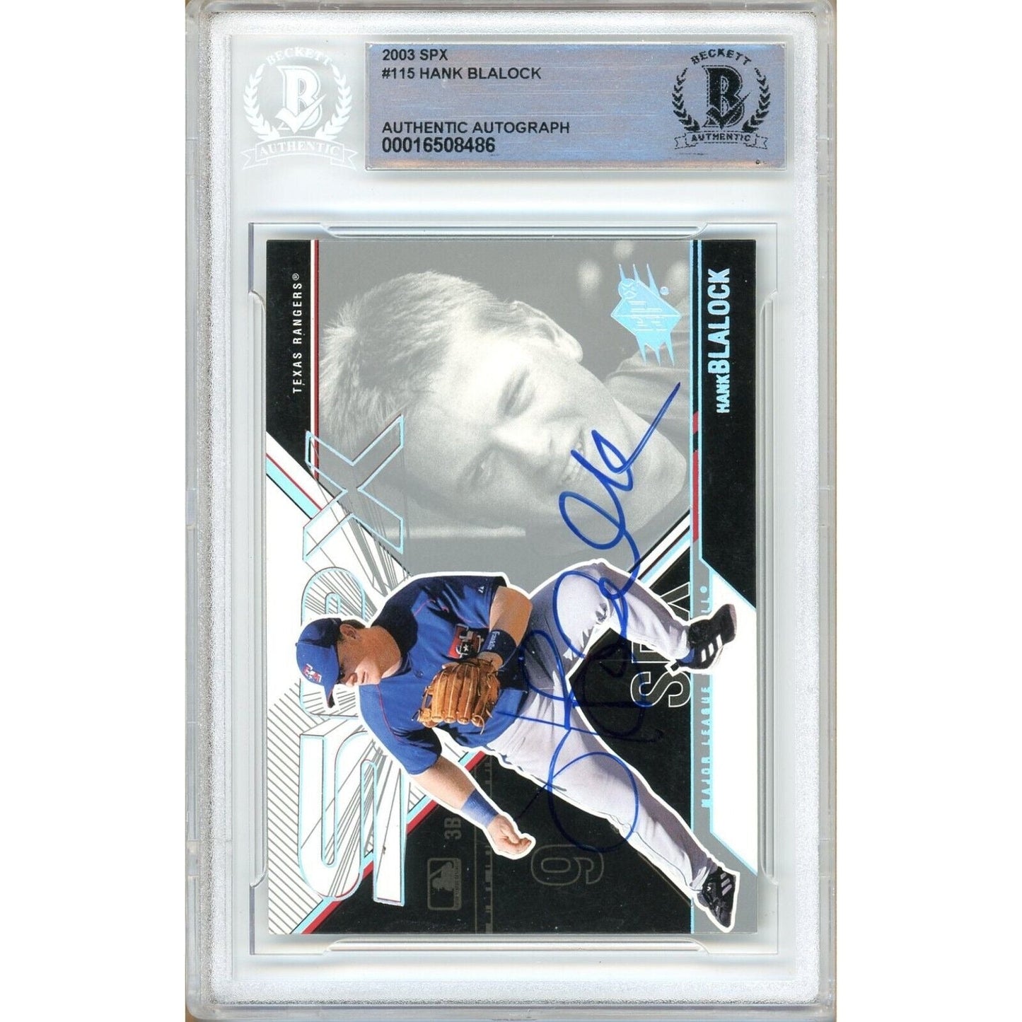 2003 Upper Deck SPx #115 — Hank Blalock Texas Rangers Autographed Trading Card — Beckett Authentication