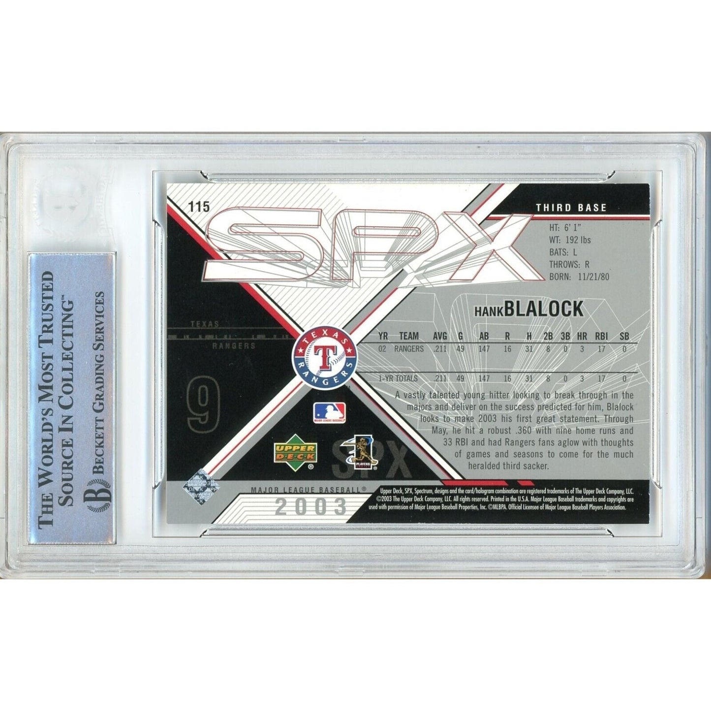 2003 Upper Deck SPx #115 — Hank Blalock Texas Rangers Autographed Trading Card — Beckett Authentication