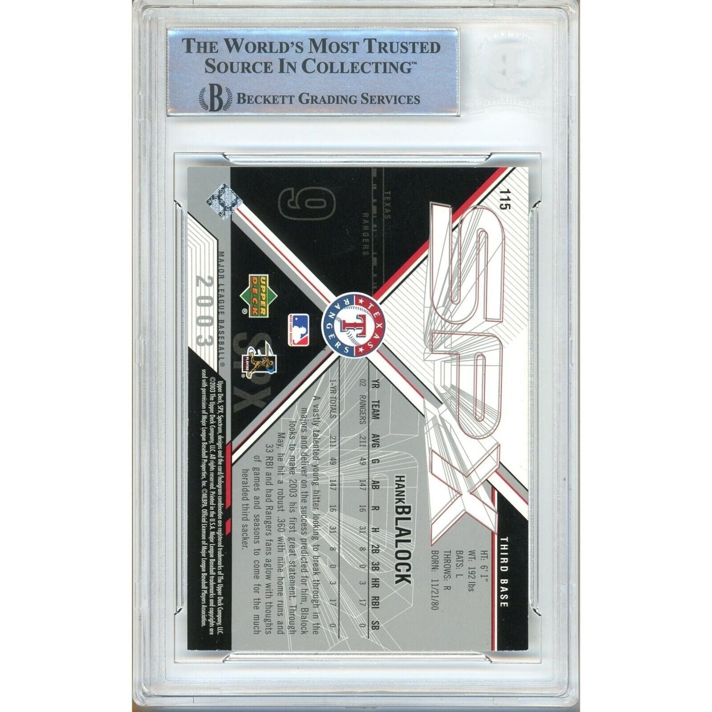 2003 Upper Deck SPx #115 — Hank Blalock Texas Rangers Autographed Trading Card — Beckett Authentication