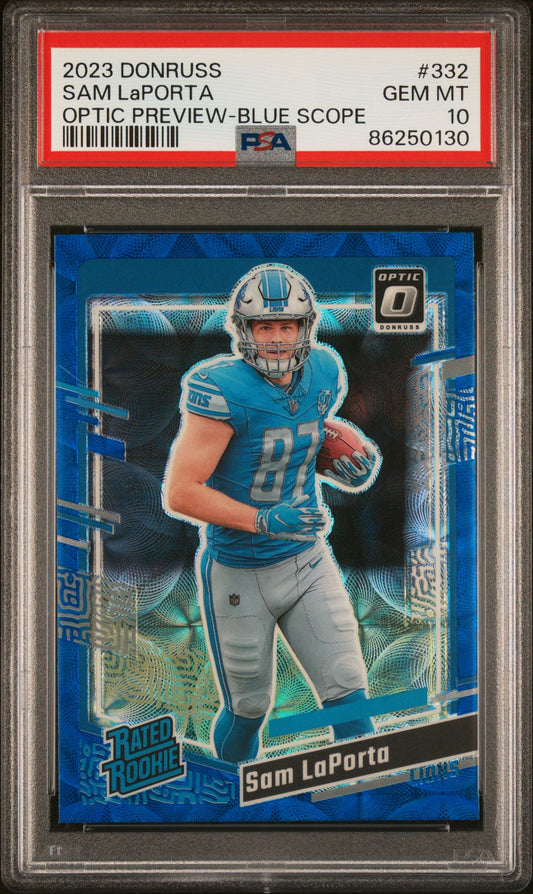 Graded 2023 Panini Donruss Sam LaPorta #332 Optic Preview Blue Scope Rookie RC Football Card PSA 10 Gem Mint