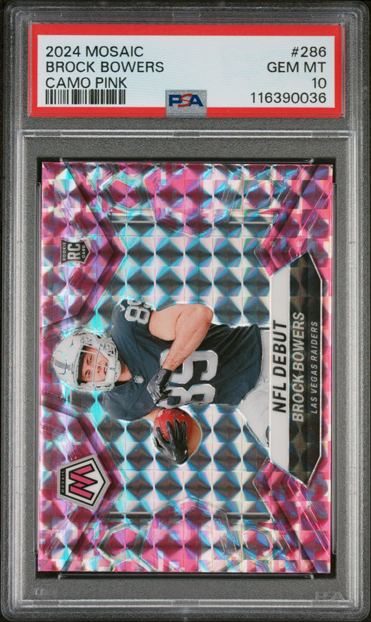 Graded 2024 Panini Mosaic Brock Bowers #286 Camo Pink Rookie RC Football Card PSA 10 Gem Mint