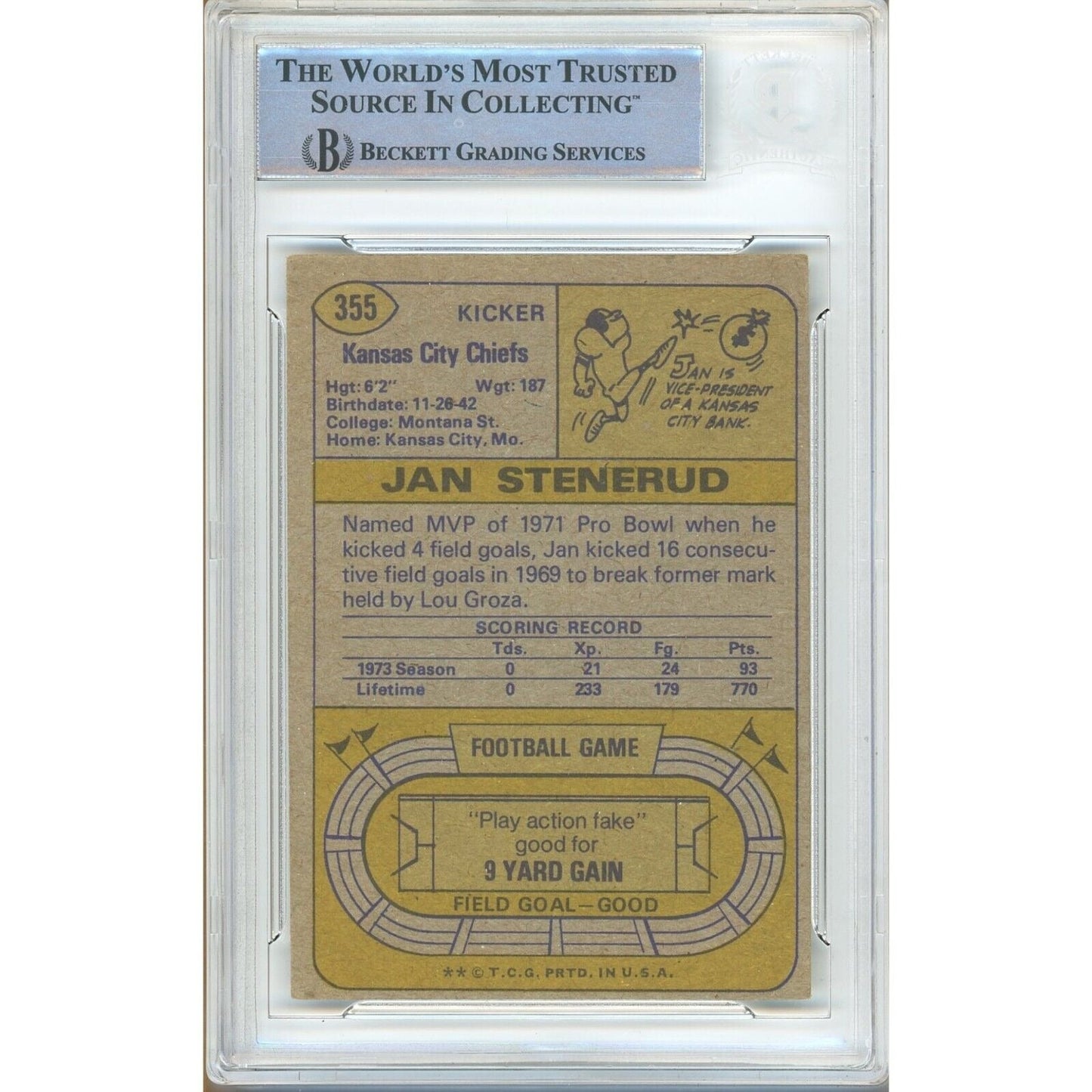 1974 Topps #355— Jan Stenerud Kansas City Chiefs Autographed Trading Card — Beckett Authentication