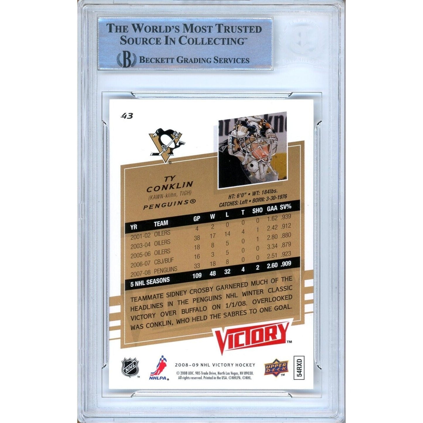Ty Conklin Pittsburgh Penguins Signed 2008-09 Upper Victory Card Beckett Auth Auto Slab