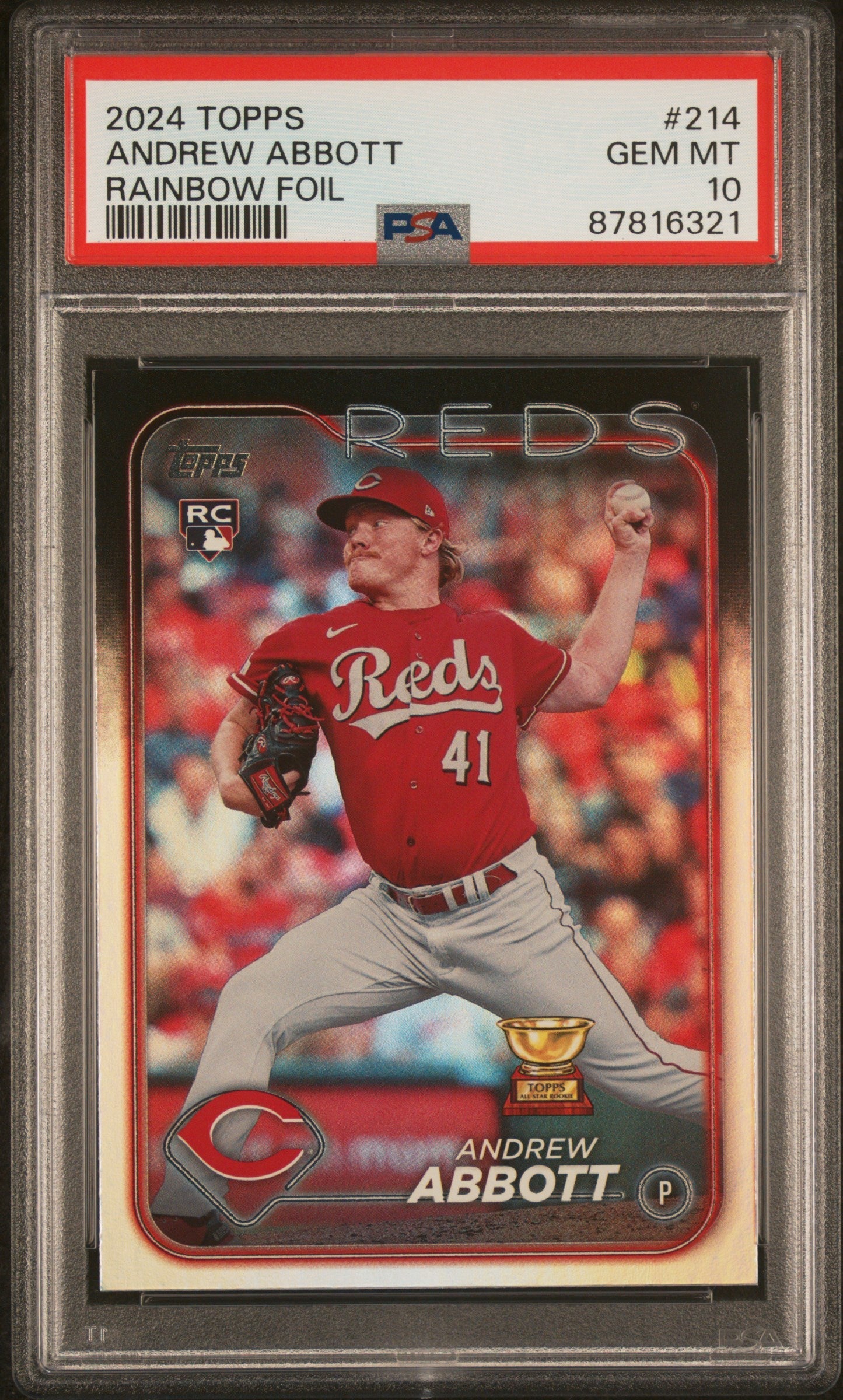 Graded 2024 Topps Andrew Abbott #214 Rainbow Foil Rookie RC Baseball Card PSA 10 Gem Mint