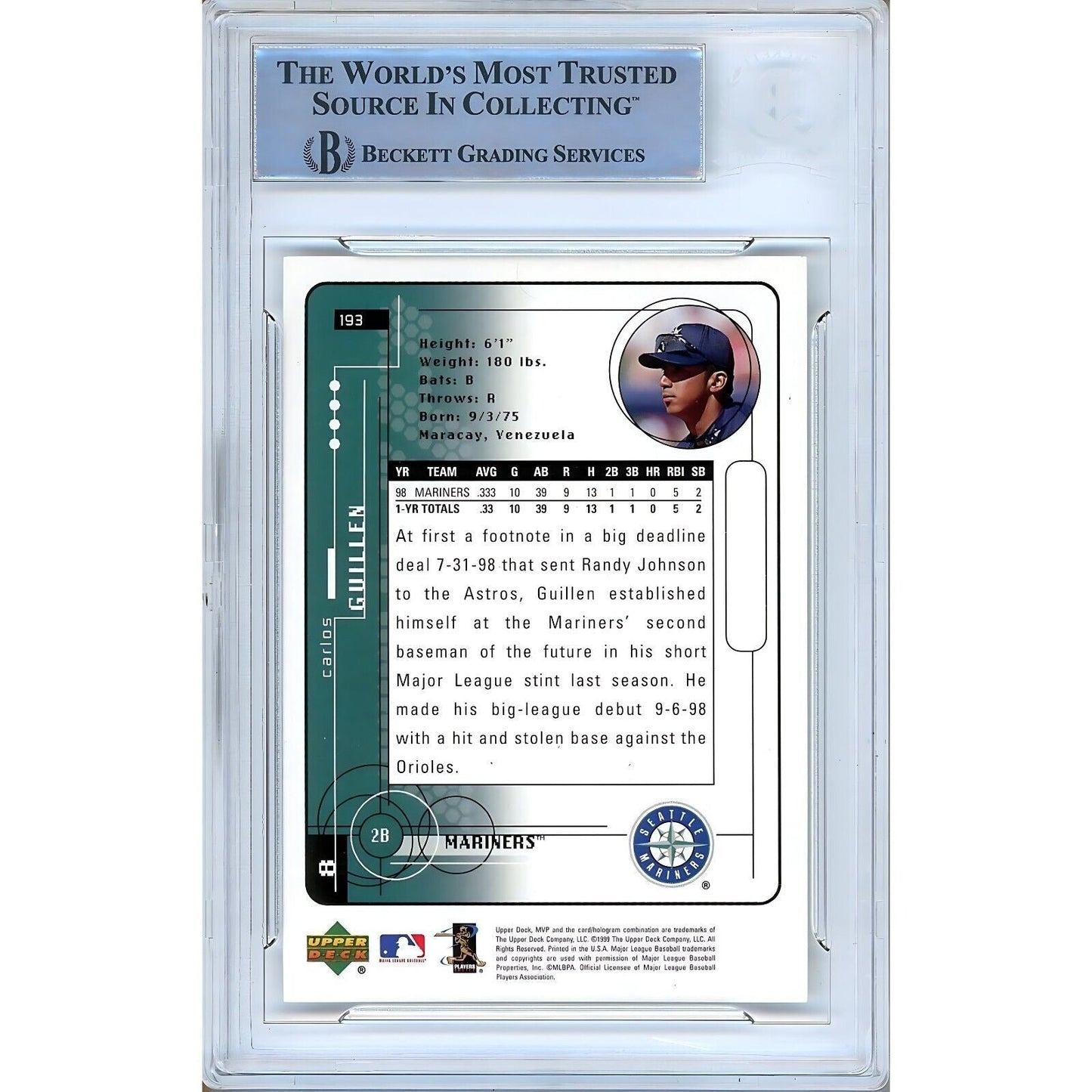 1999 Upper Deck MVP #193 — Carlos Guillen Seattle Mariners Autographed Trading Card — Beckett Authentication