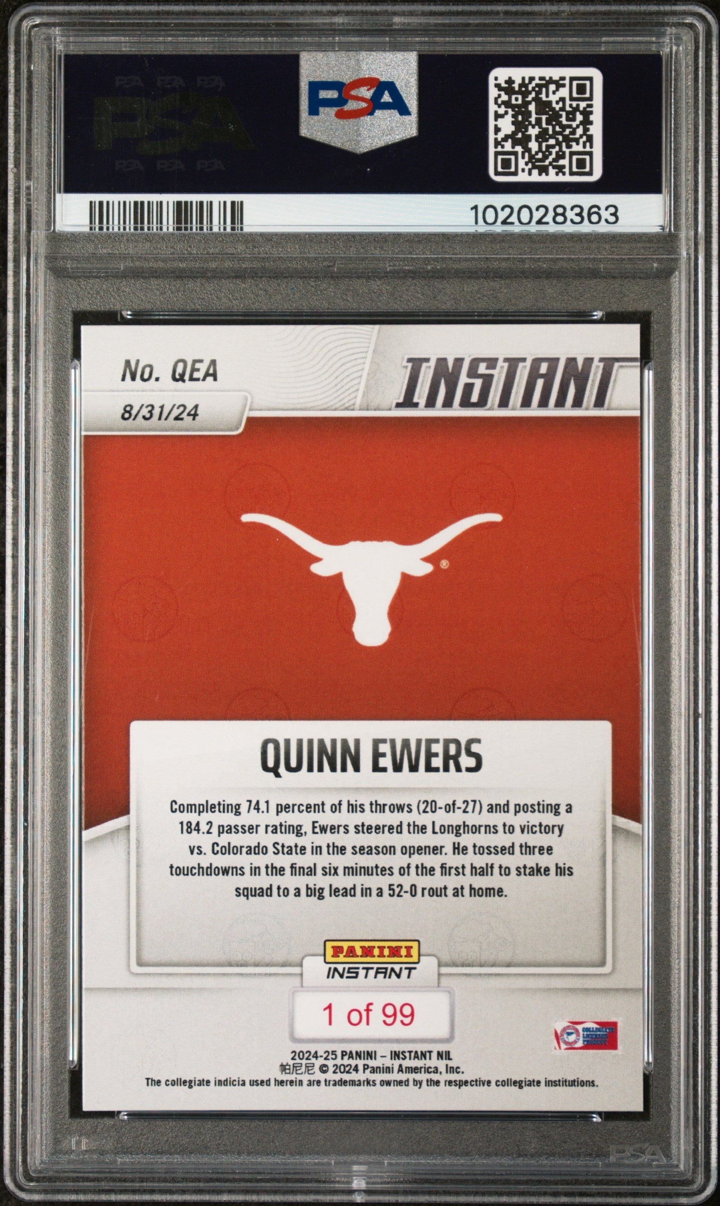 Graded 2024 Panini Instant NIL Quinn Ewers #QEA Rookie RC Football Card PSA 9 Mint