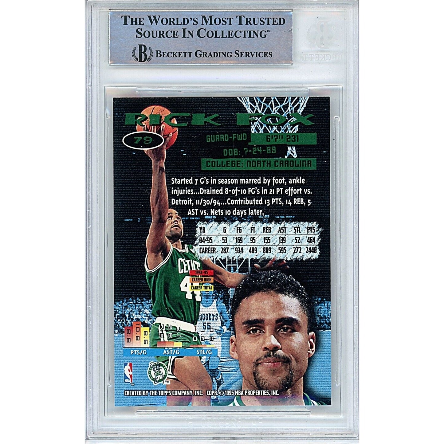 Rick Fox Boston Celtics Signed 1995-96 Topps Stadium Club Card Beckett Authentic Auto Slab