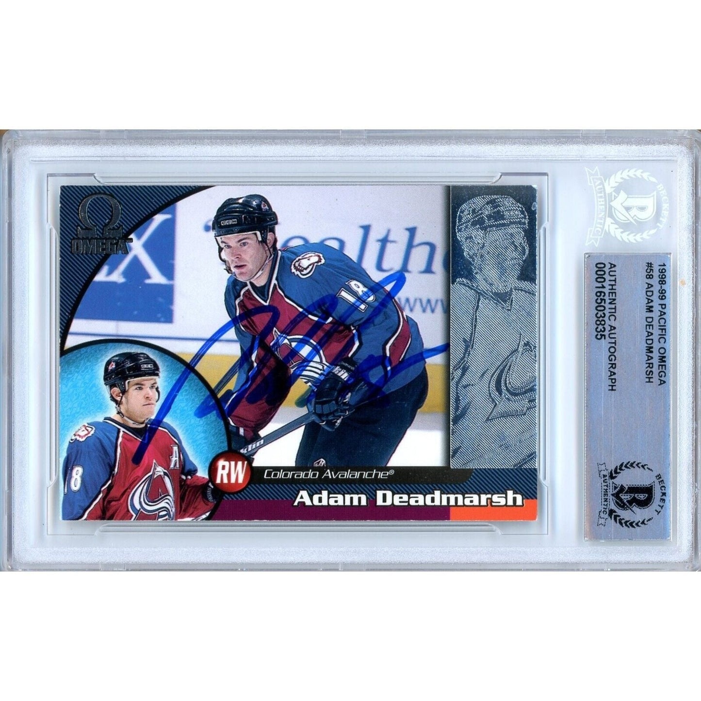 1998-99 Pacific Omega #58 — Adam Deadmarsh Colorado Avalanche Autographed Trading Card — Beckett Authentication