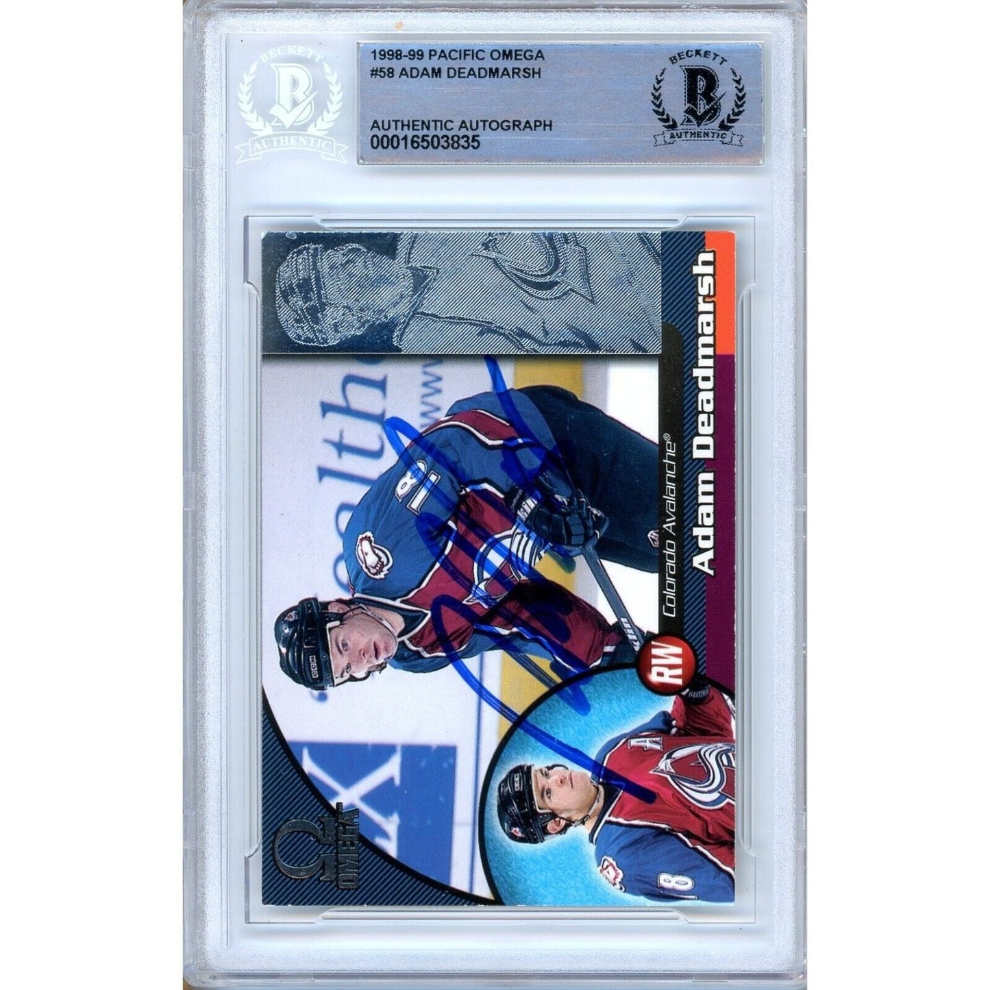 1998-99 Pacific Omega #58 — Adam Deadmarsh Colorado Avalanche Autographed Trading Card — Beckett Authentication