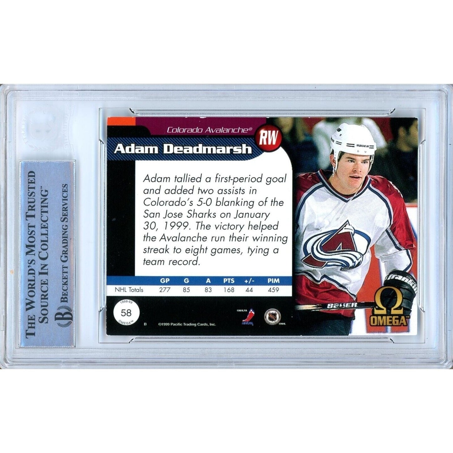 1998-99 Pacific Omega #58 — Adam Deadmarsh Colorado Avalanche Autographed Trading Card — Beckett Authentication