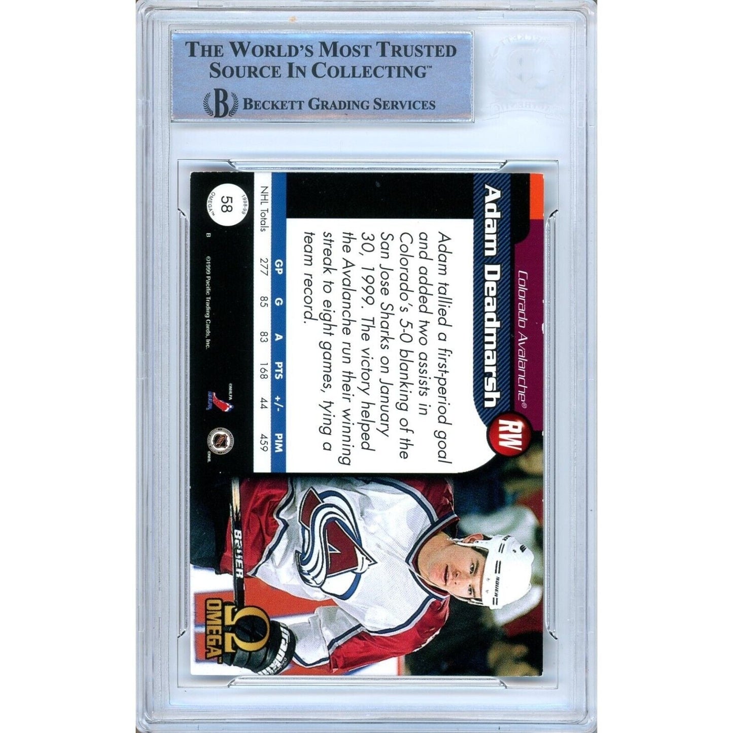 1998-99 Pacific Omega #58 — Adam Deadmarsh Colorado Avalanche Autographed Trading Card — Beckett Authentication