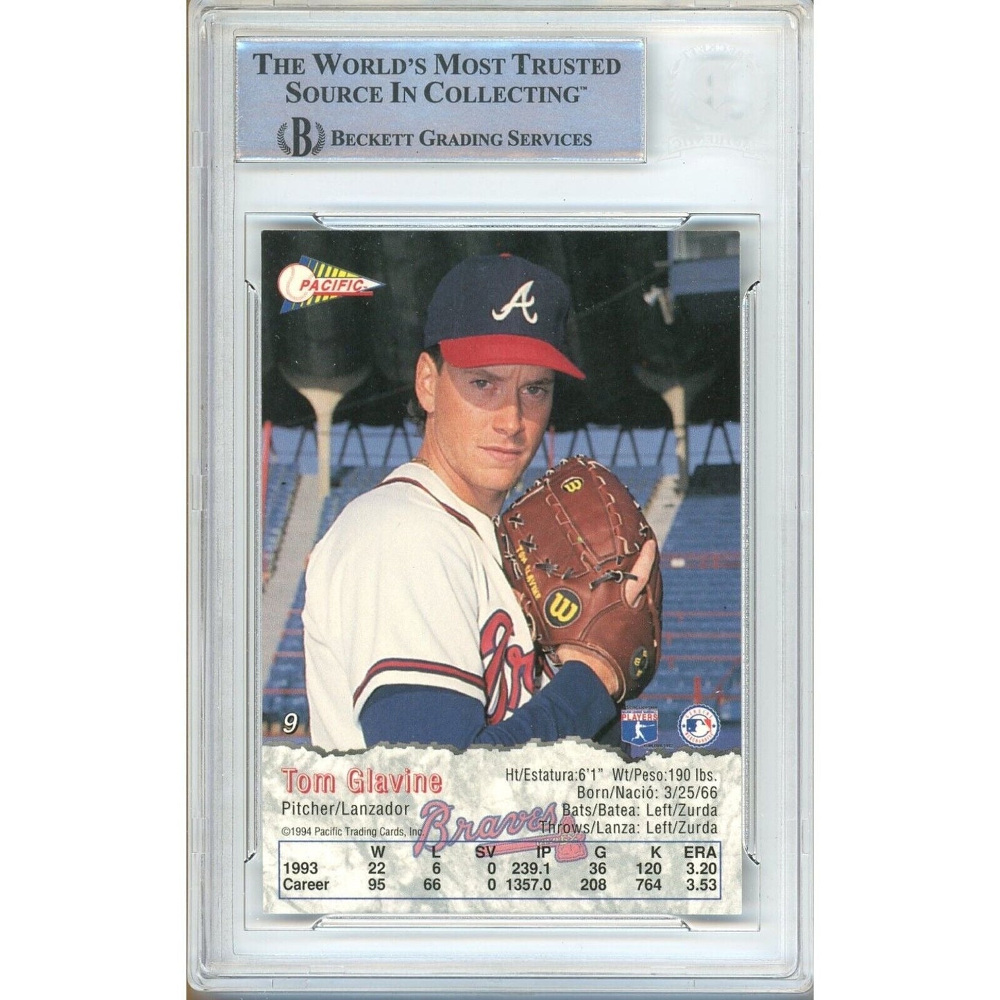 Tom Glavine Atlanta Braves Signed 1994 Pacific Baseball Card Beckett Authentic Auto Slab
