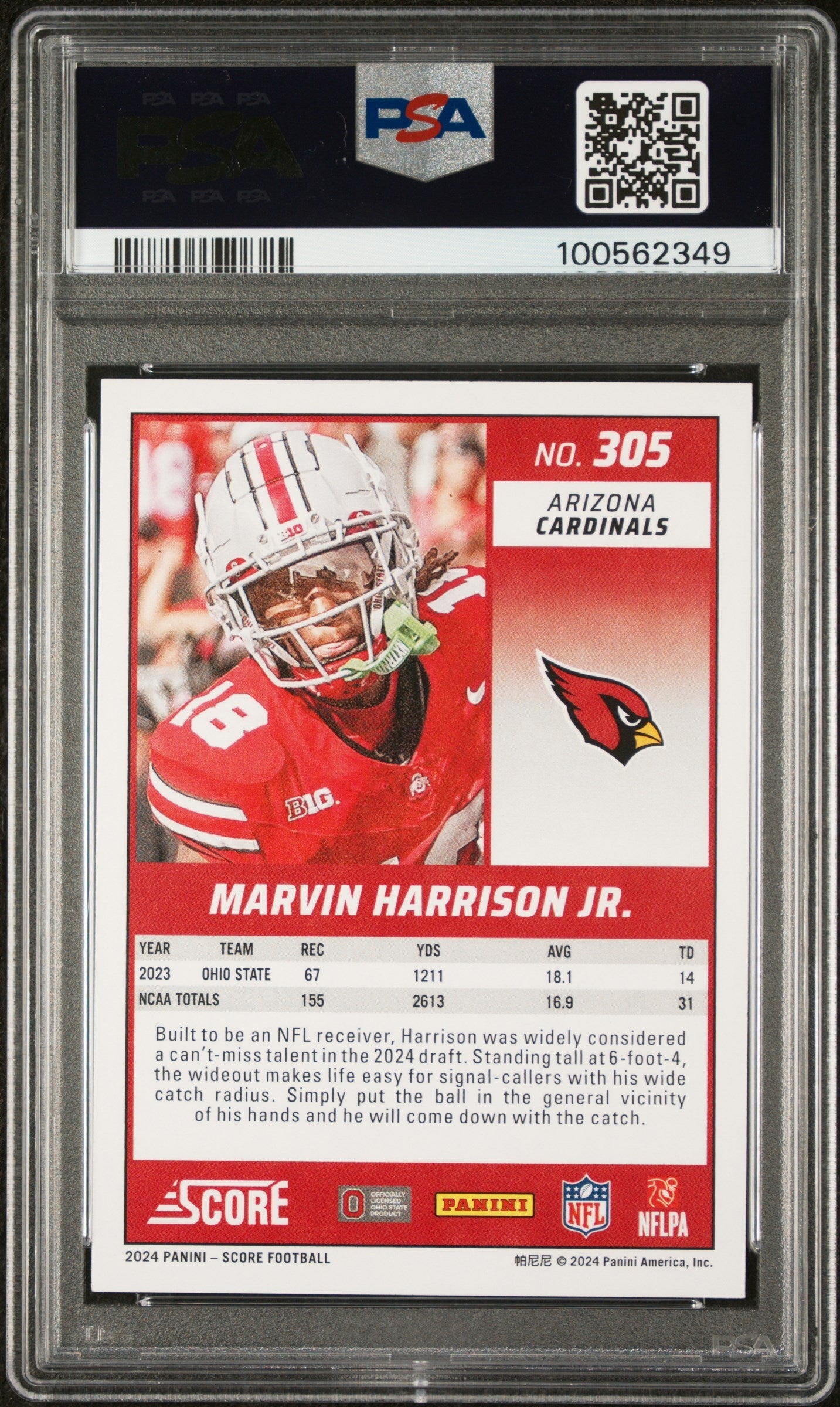 Graded 2024 Panini Score Marvin Harrison Jr #305 Rookie RC Football Card PSA 10 Gem Mint - Sport Cards
