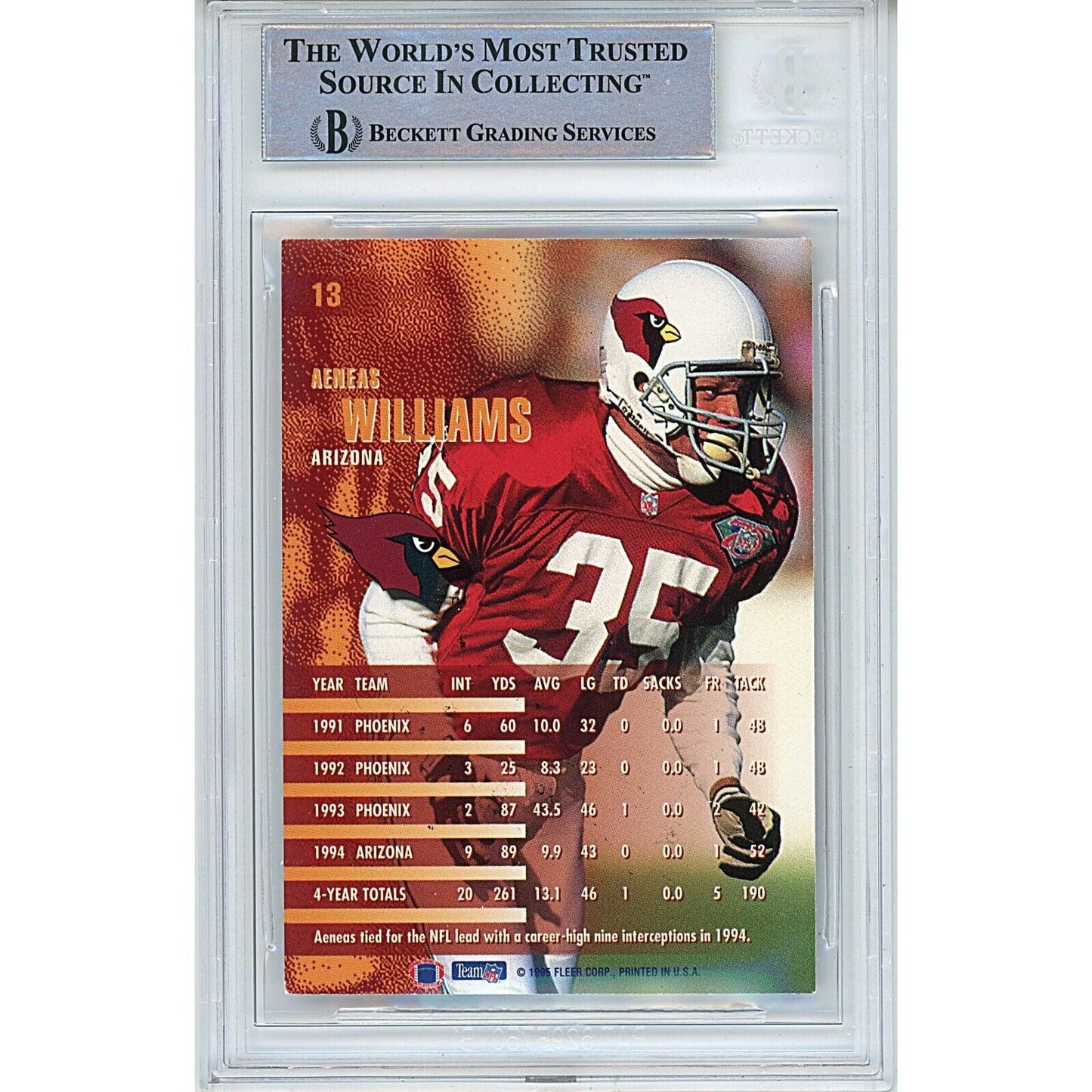 1995 Fleer #13 — Aeneas Williams Arizona Cardinals Autographed Trading Card — Beckett Authentication
