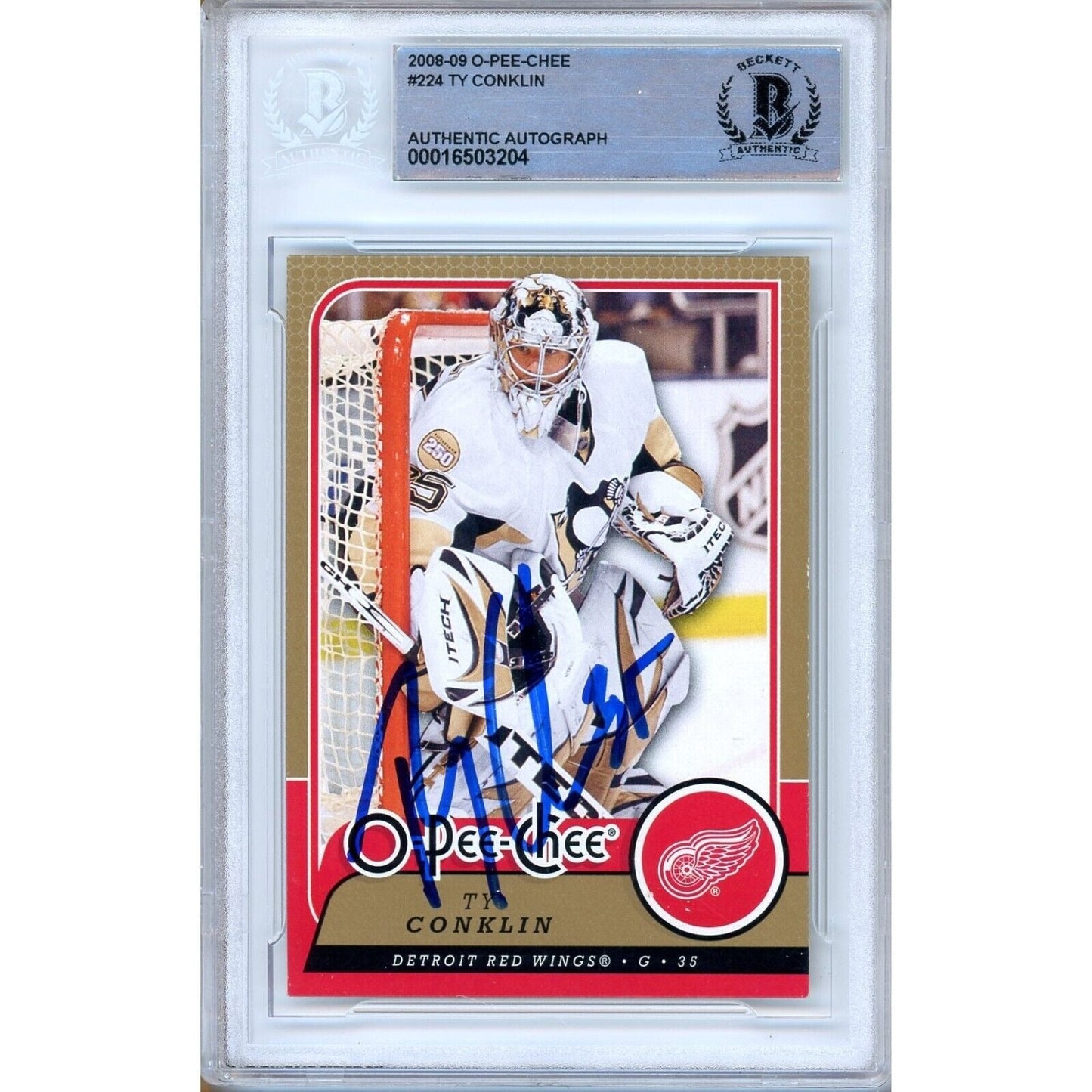 Ty Conklin Detroit Red Wings Signed 2008-09 O-Pee-Chee Hockey Card Beckett Auth Auto