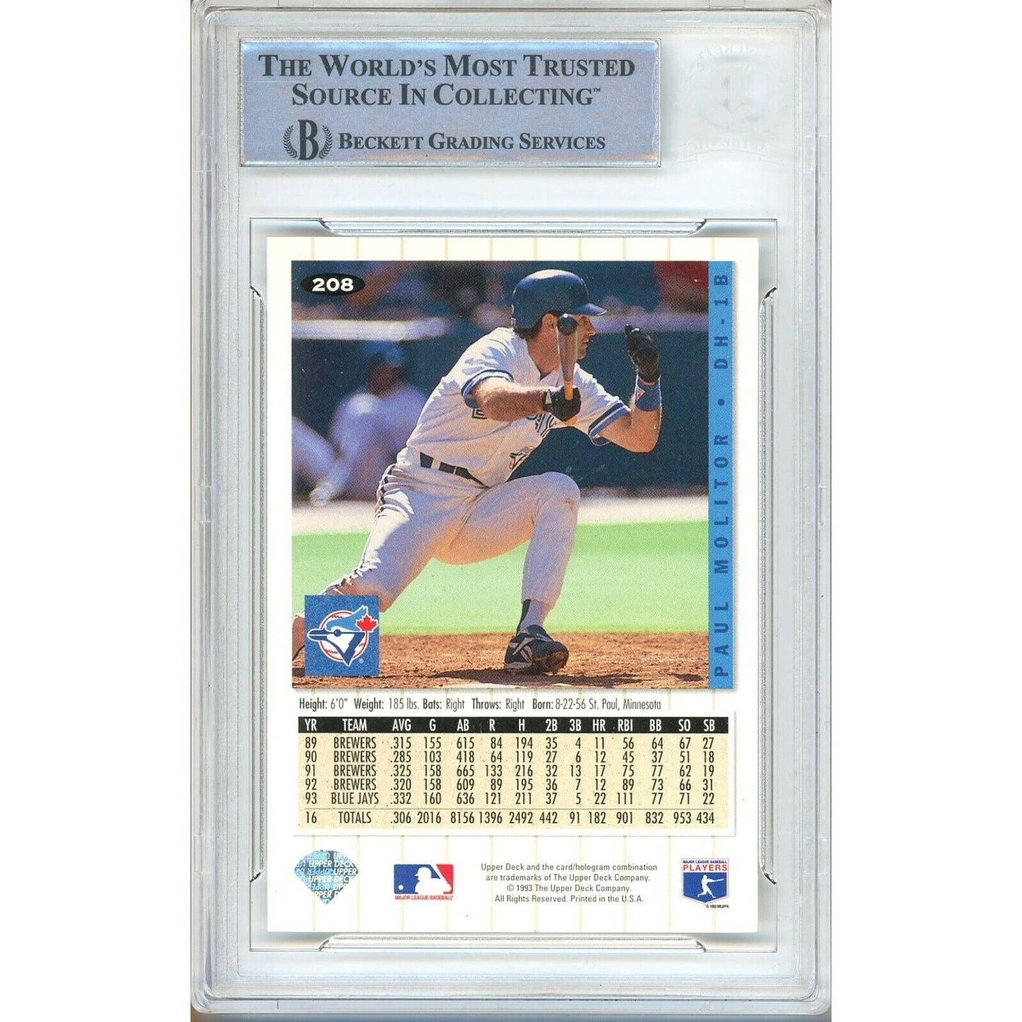Paul Molitor Toronto Blue Jays Signed 1994 Collectors Choice Silver Card BAS Auth Auto Slab