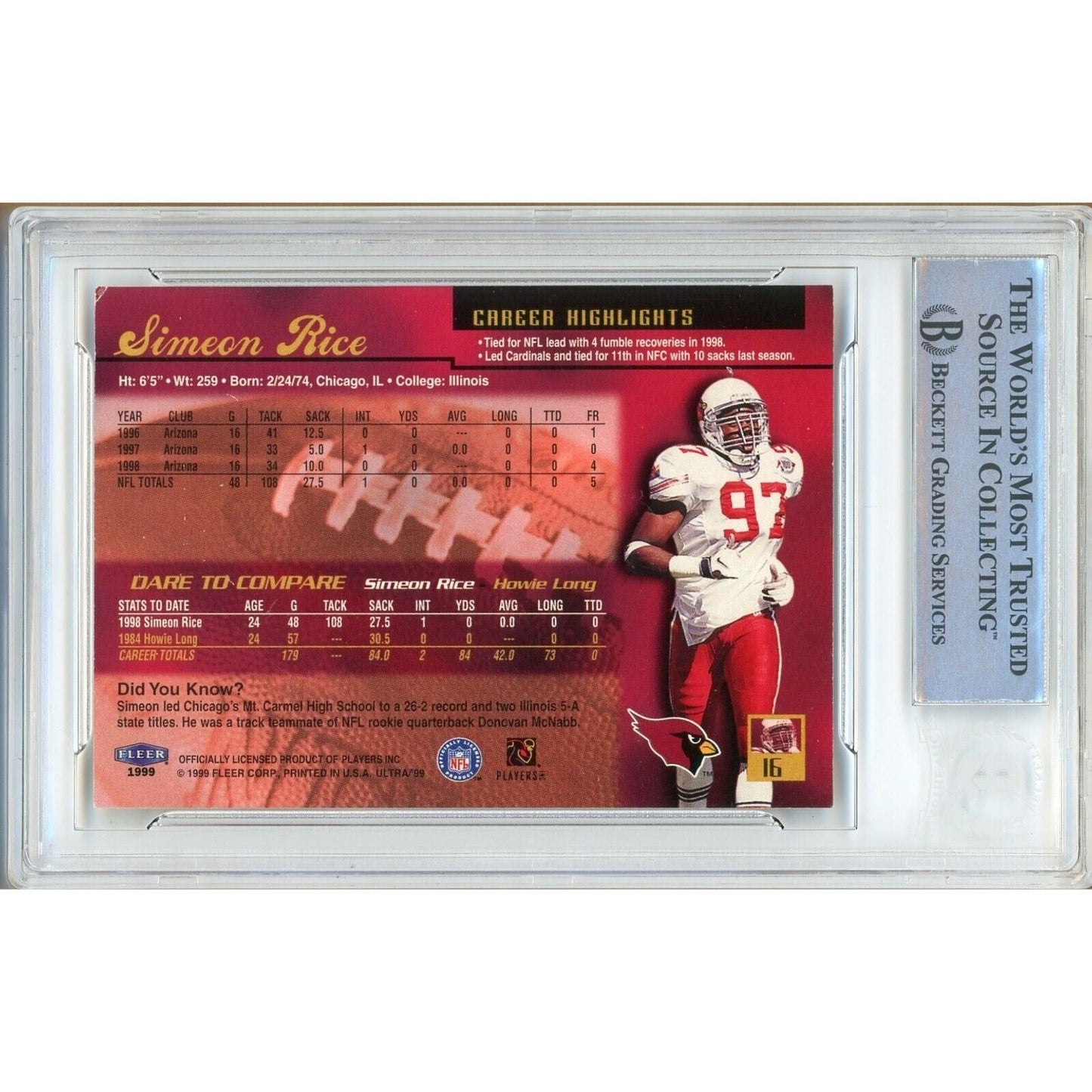 Simeon Rice Arizona Cardinals Signed 1999 Fleer Ultra Card Beckett Authentic Auto Slab