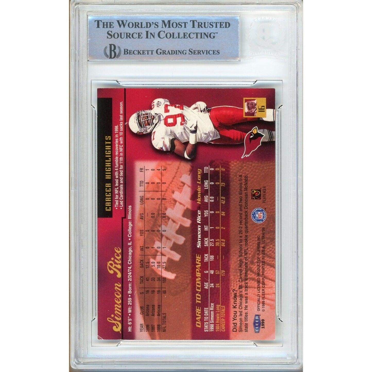 Simeon Rice Arizona Cardinals Signed 1999 Fleer Ultra Card Beckett Authentic Auto Slab
