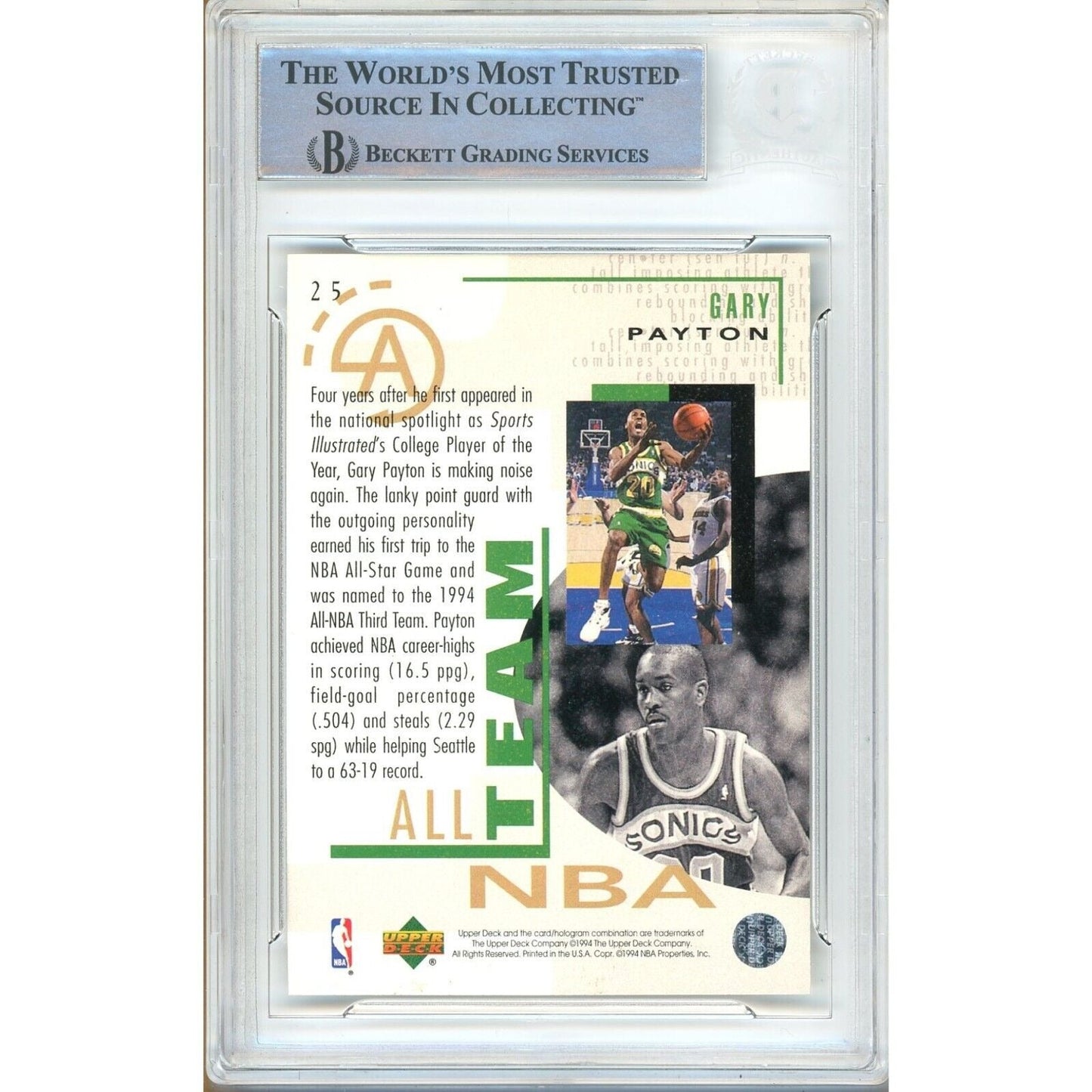 1994-95 Upper Deck #25 — Gary Payton Seattle Supersonics Autographed Trading Card — Beckett Authentication