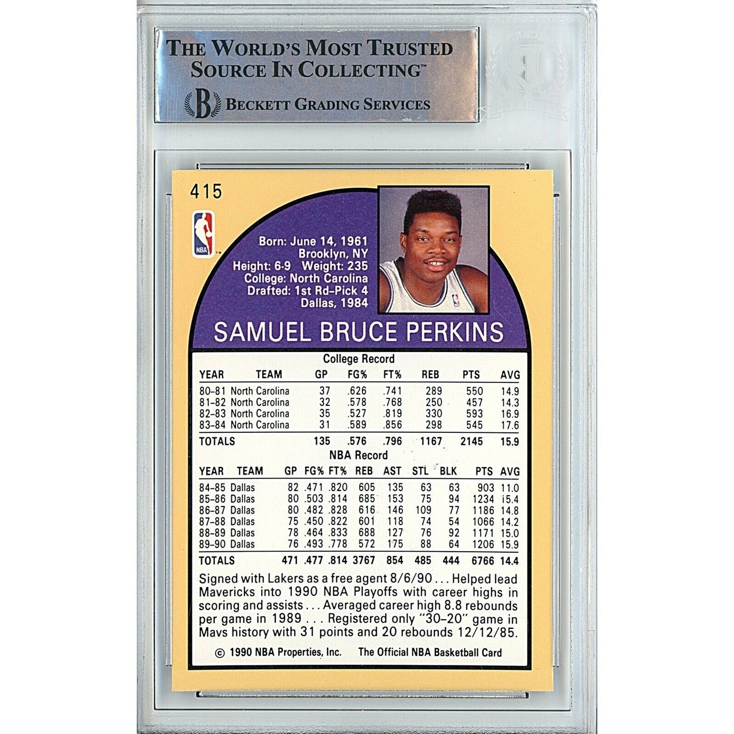 Sam Perkins Los Angeles Lakers Signed 1990-91 Hoops Basketball Card Beckett Auth Auto