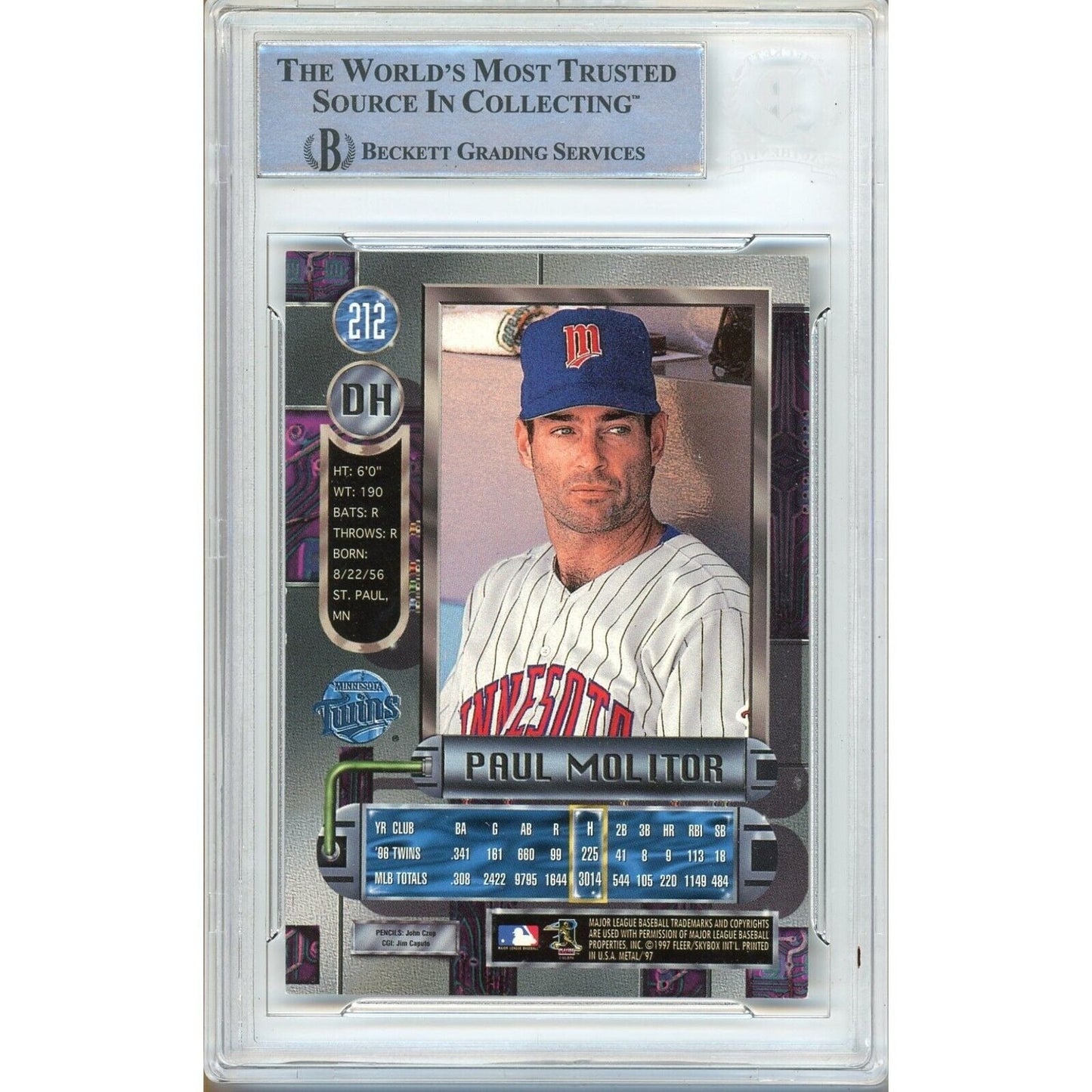Paul Molitor Minnesota Twins Signed 1997 Metal Universe Baseball Card BAS Auth Auto Slab