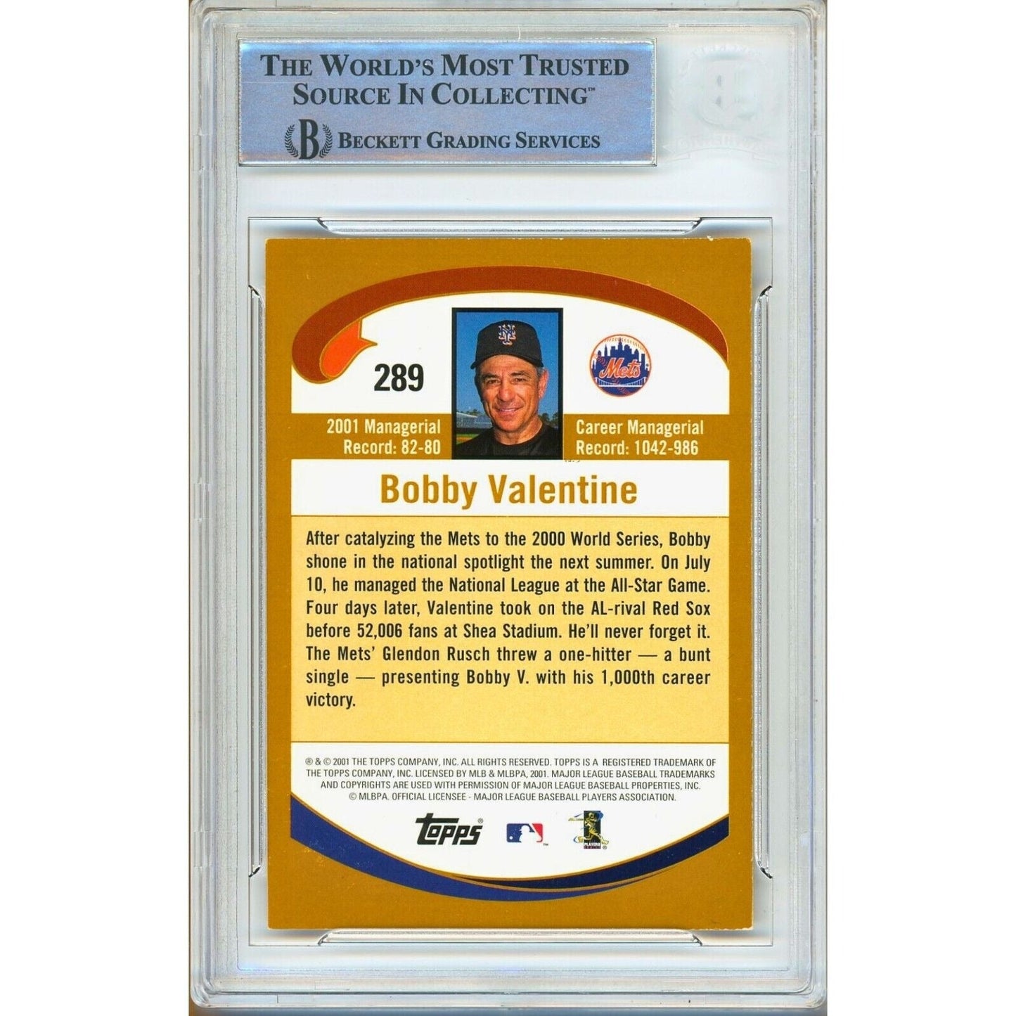 2002 Topps #289 — Bobby Valentine New York Mets Autographed Trading Card — Beckett Authentication