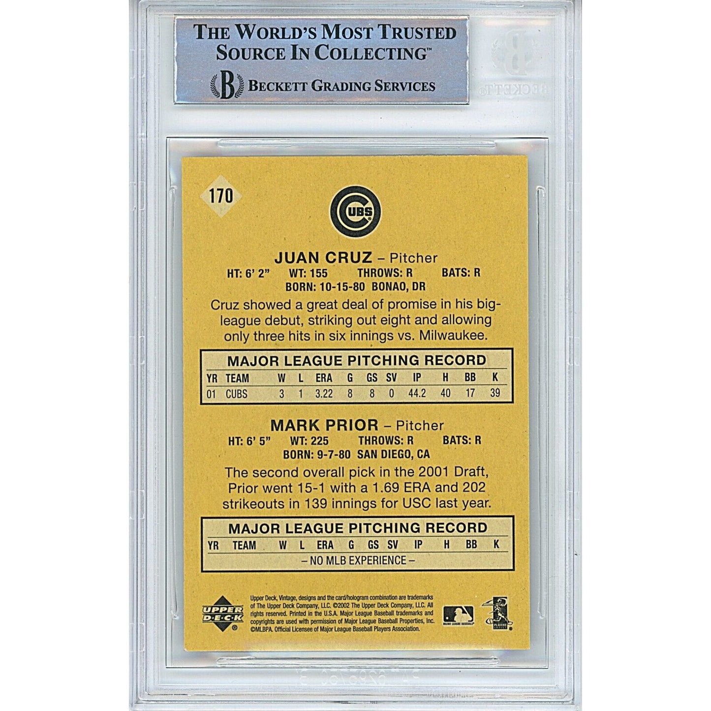 Mark Prior Chicago Cubs Signed 2001 Upper Deck Baseball Card Beckett Auth Auto Slab RC