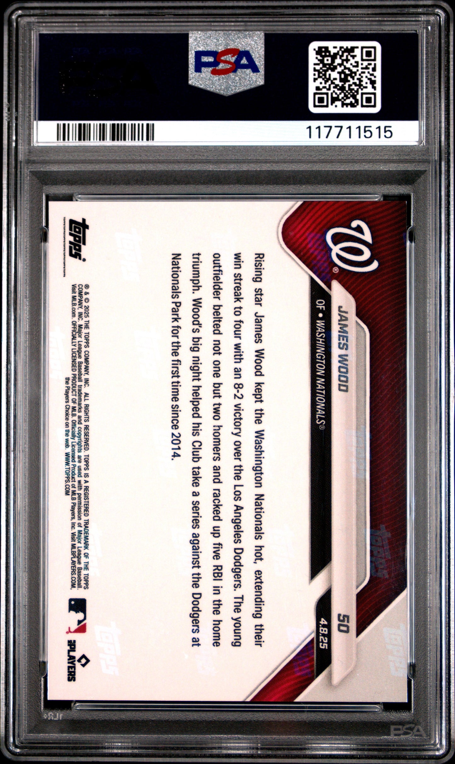 Graded 2025 Topps Now James Wood #50 Orange Foil /25 Rookie RC Baseball Card PSA 10 Gem Mint