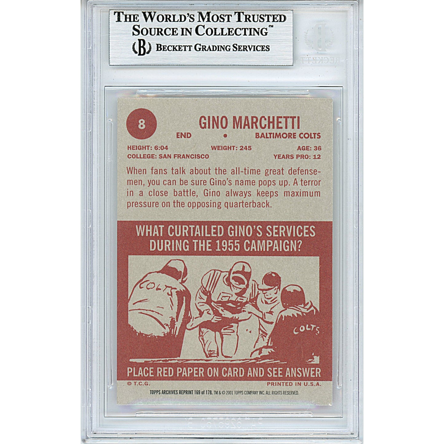 2001 Topps Archives #89 — Gino Marchetti Baltimore Colts Autographed Trading Card — Beckett Authentication