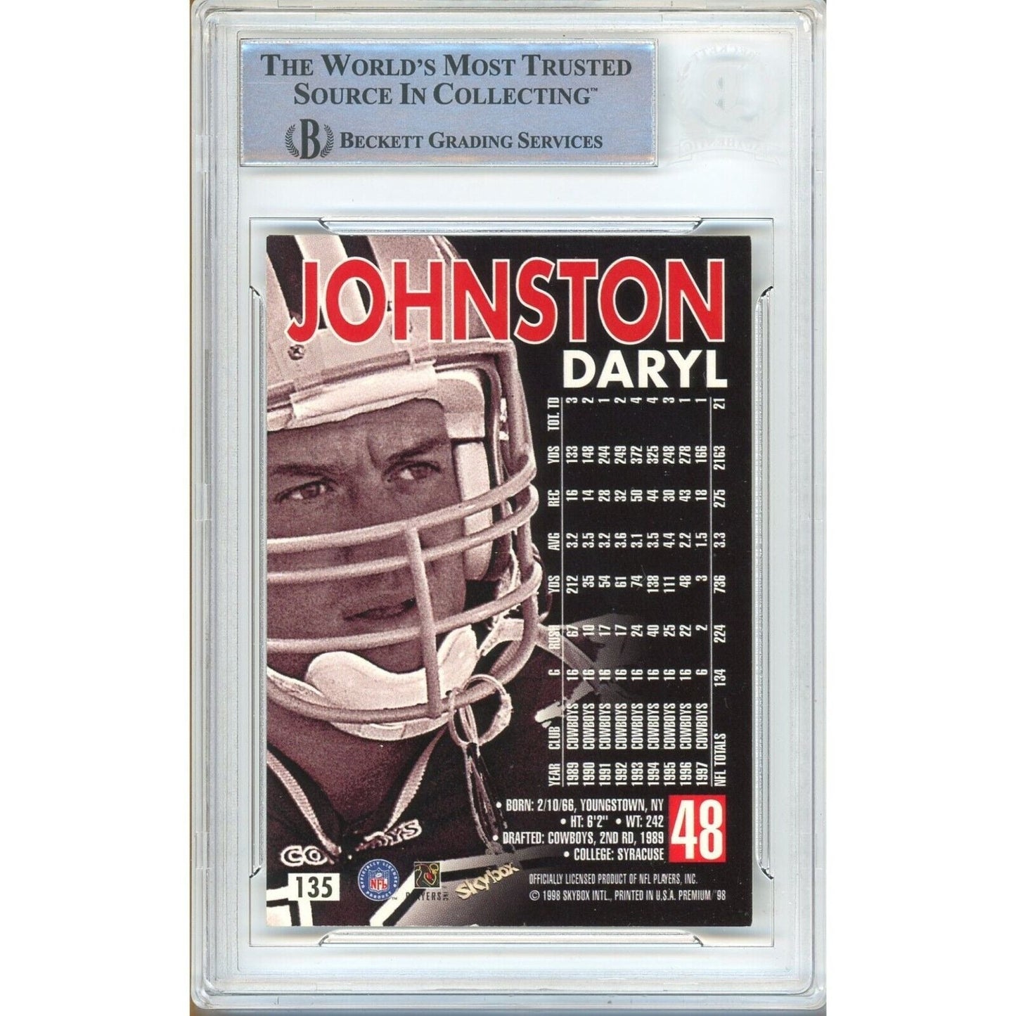 1998 Skybox Premium #135 — Daryl Johnston Dallas Cowboys Autographed Trading Card — Beckett Authentication