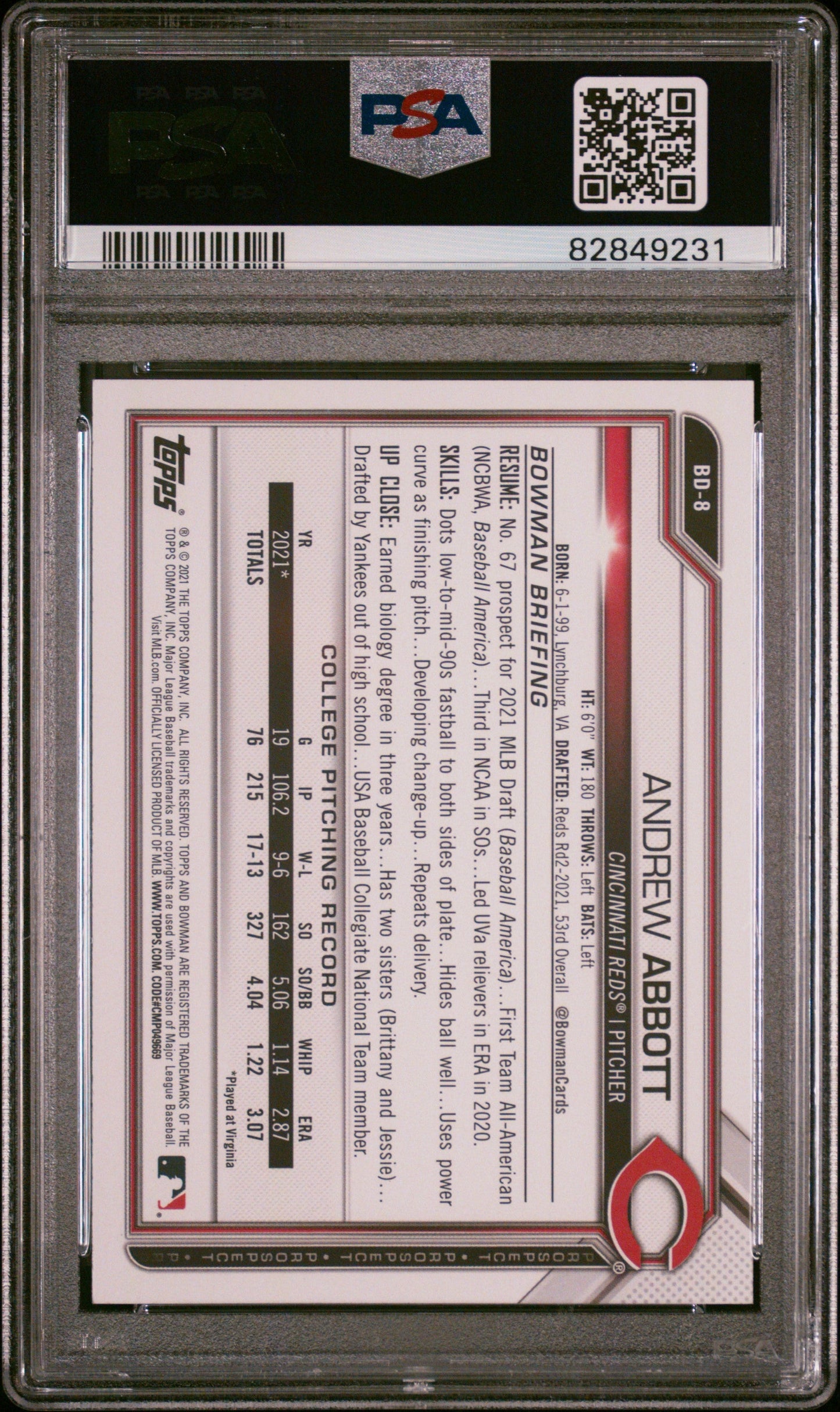 Graded 2021 Topps Bowman Draft Andrew Abbott #BD8 Rookie RC Baseball Card PSA 10 Gem Mint