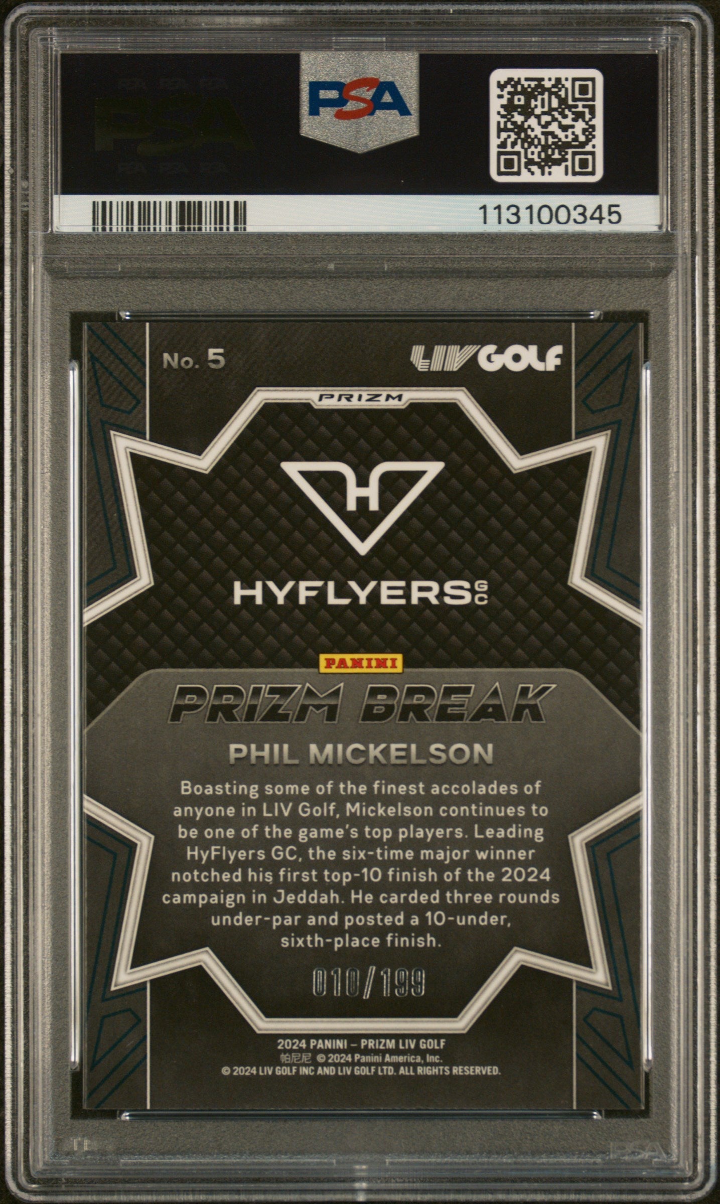 Graded 2024 Panini Prizm LIV Golf Phil Mickelson #5 Prizm Break Teal Prizm /199 Rookie RC Card PSA 10 Gem Mint