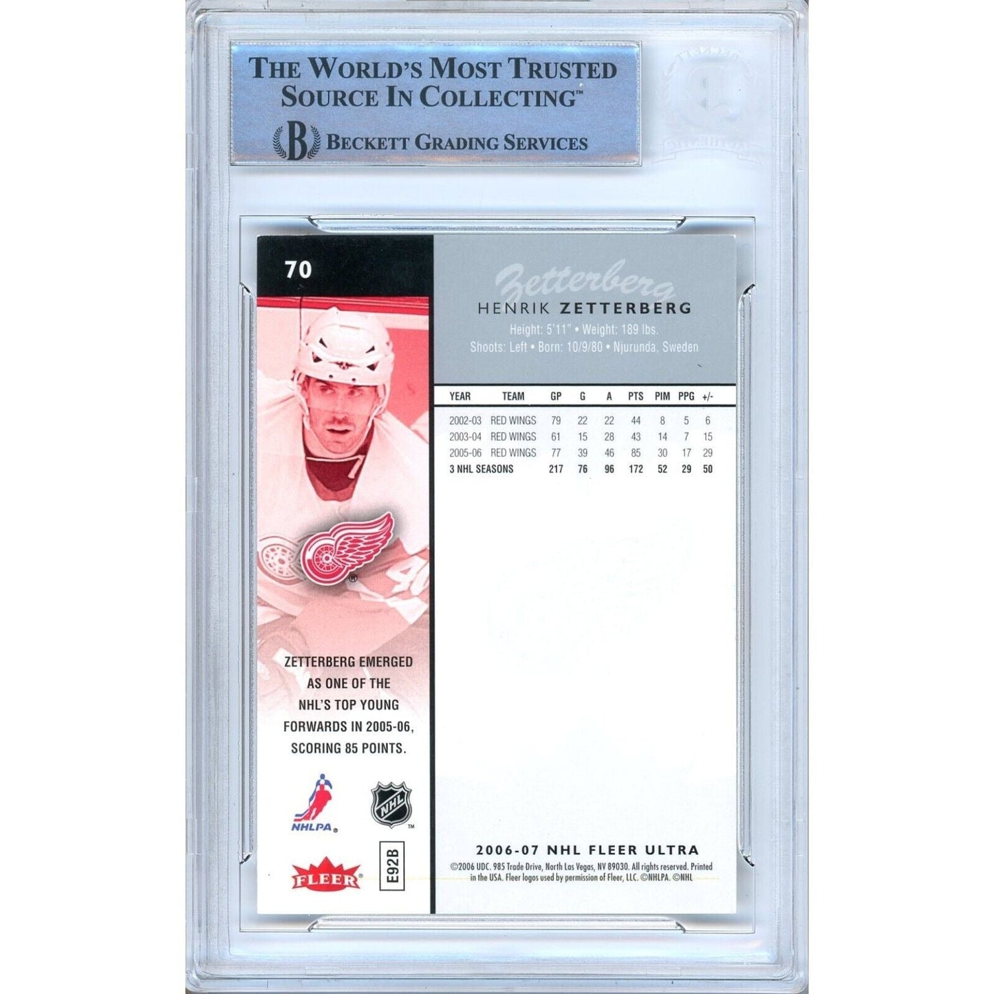 2006-07 Fleer Ultra #70 — Henrik Zetterberg Detroit Red Wings Autographed Trading Card — Beckett Authentication