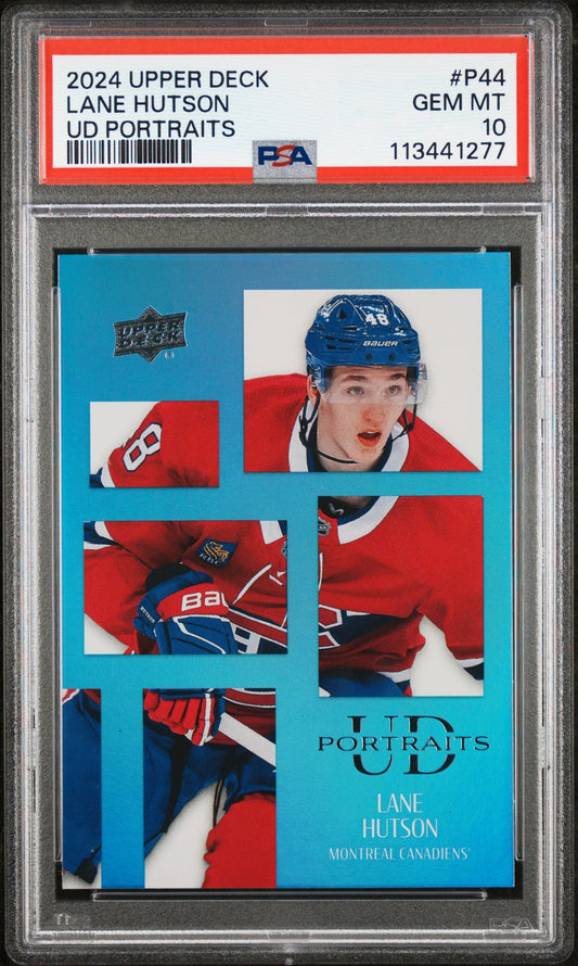 Graded 2024 Upper Deck Lane Hutson #P44 UD Portraits Rookie RC Hockey Card PSA 10 Gem Mint