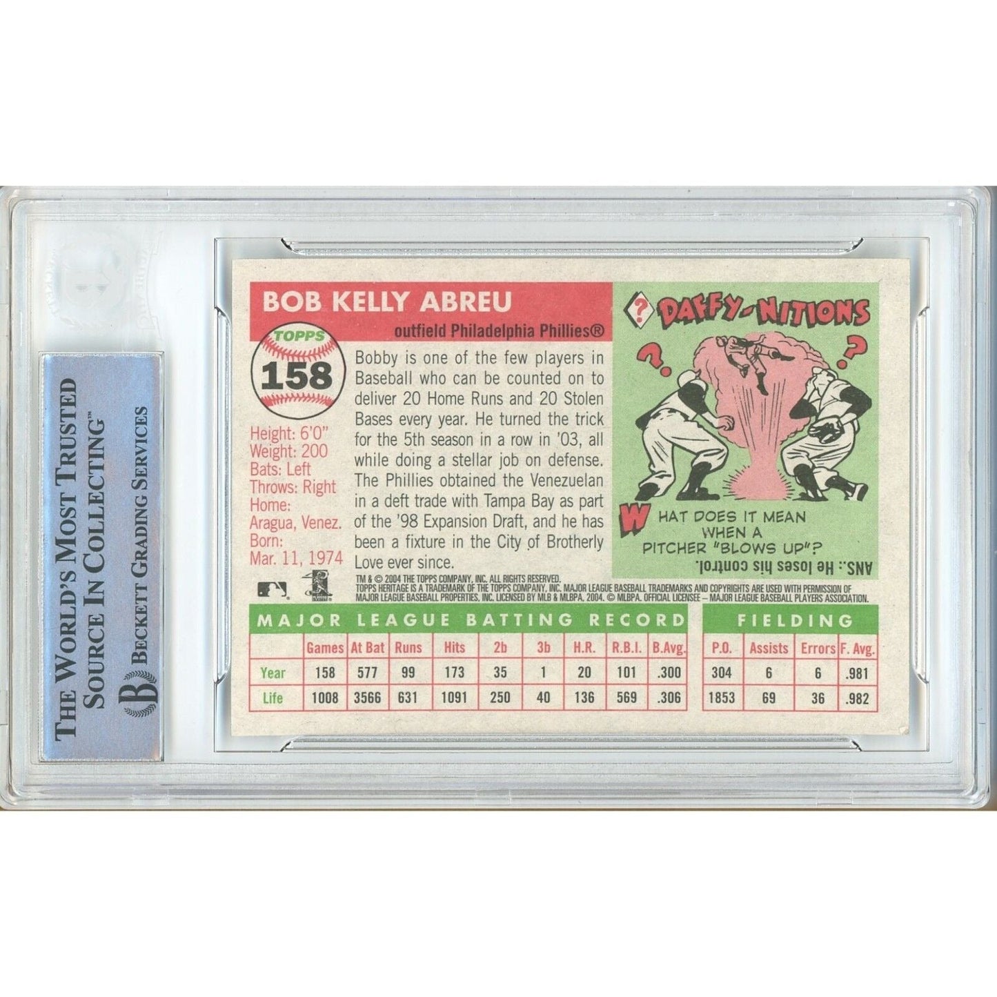 2004 Topps #158 — Bobby Abreu Phillies Autographed Trading Card — Beckett Authentication