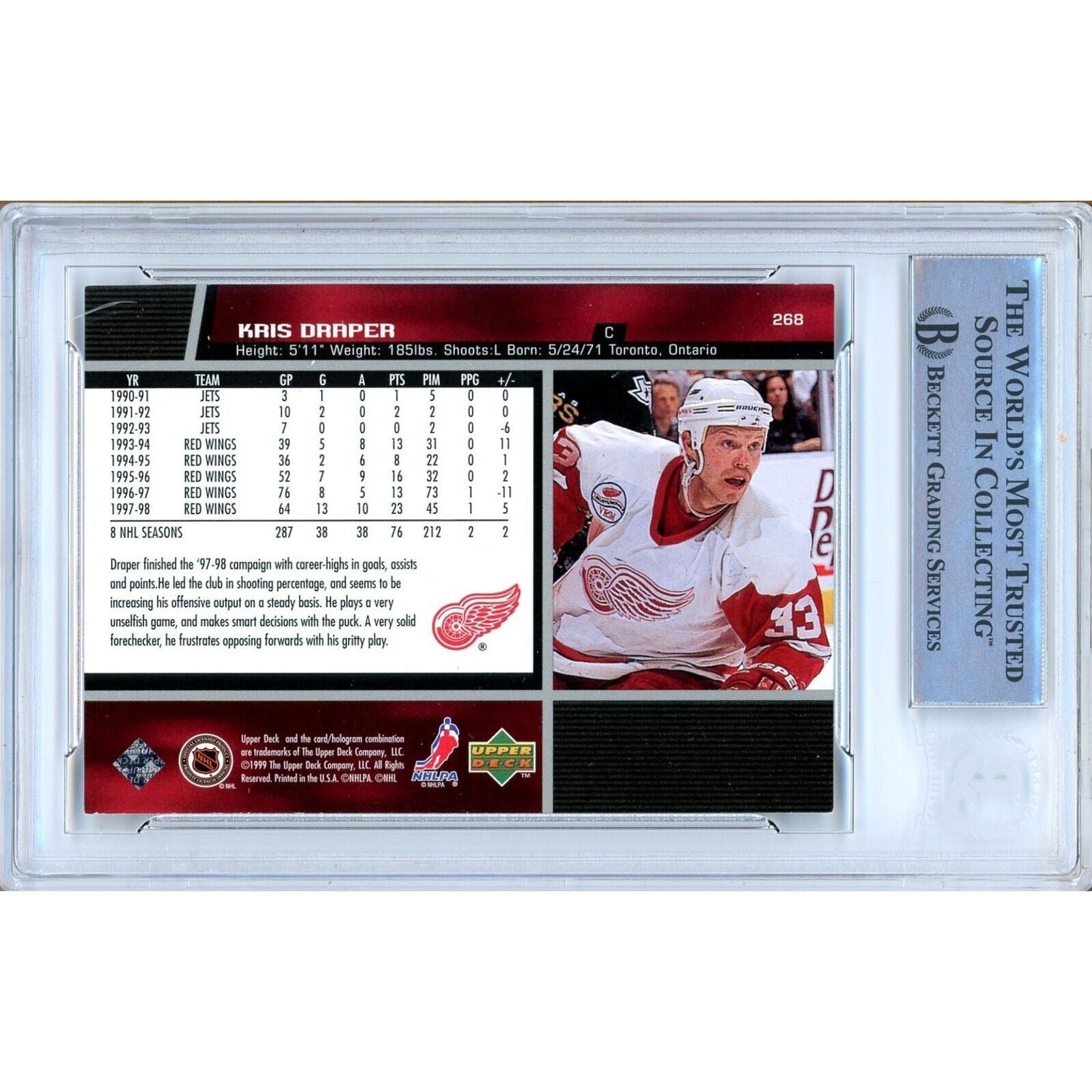 1998-99 Upper Deck #268 — Kris Draper Detroit Red Wings Autographed Trading Card — Beckett Authentication