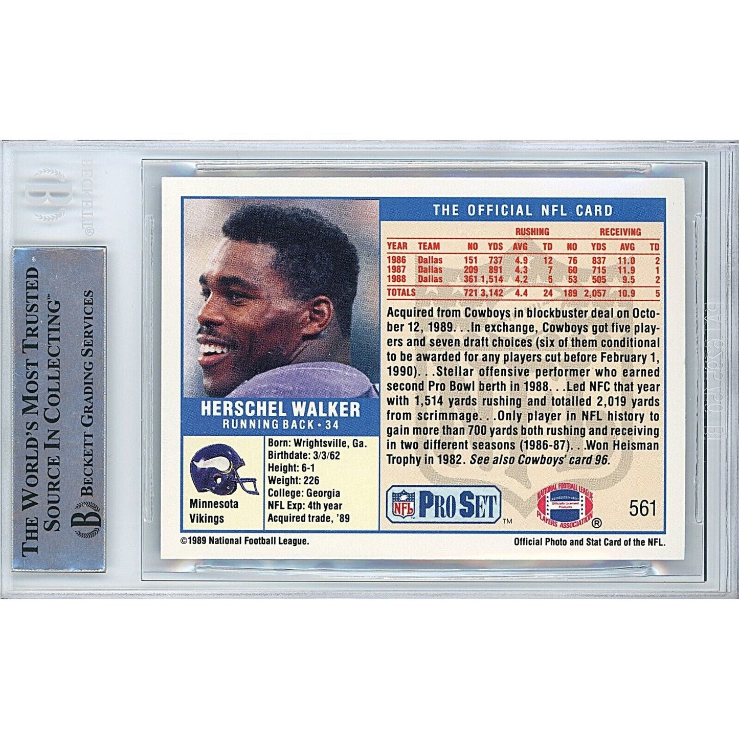 1989 NFL Pro Set #561 — Herschel Walker Minnesota Vikings Autographed Trading Card — Beckett Authentication
