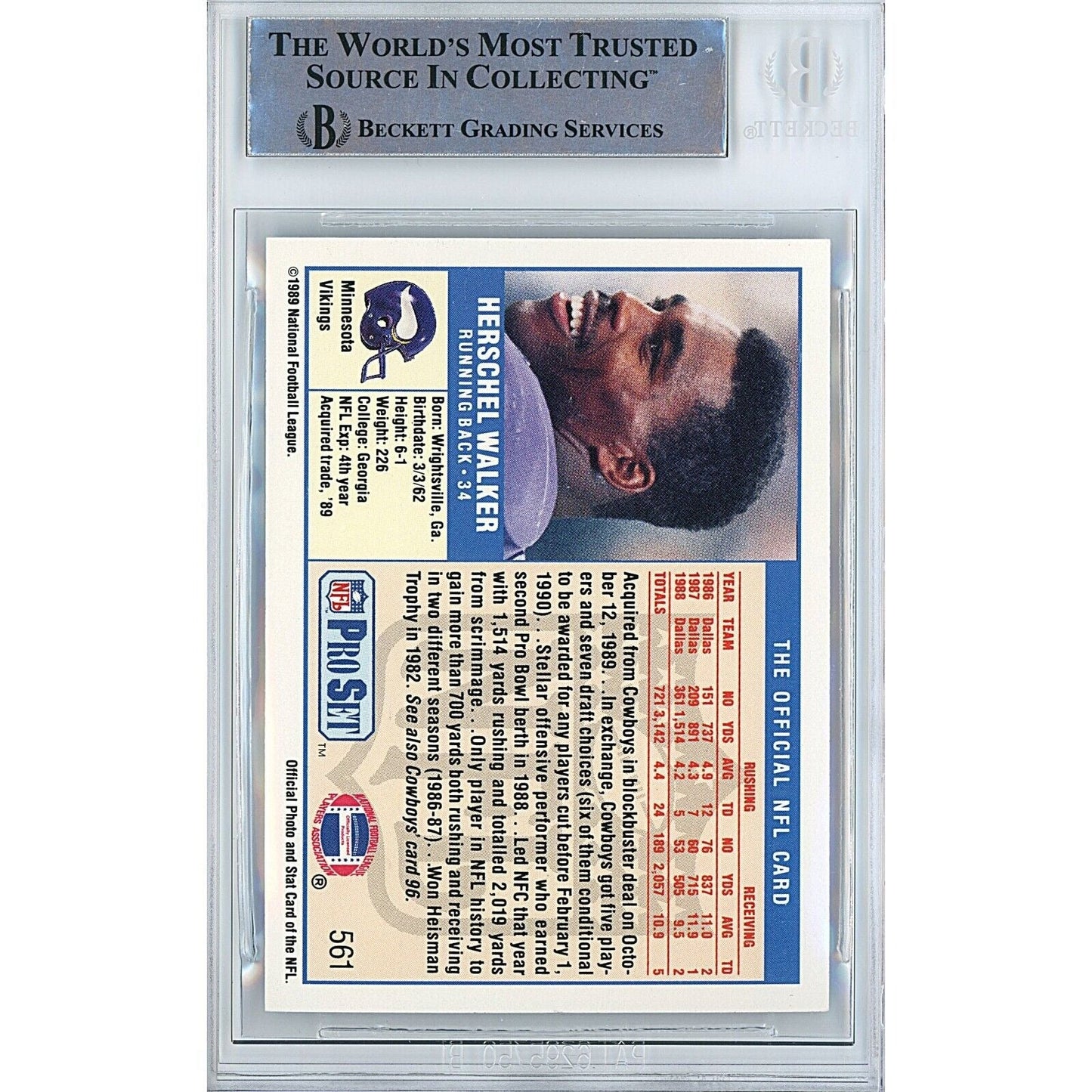 1989 NFL Pro Set #561 — Herschel Walker Minnesota Vikings Autographed Trading Card — Beckett Authentication