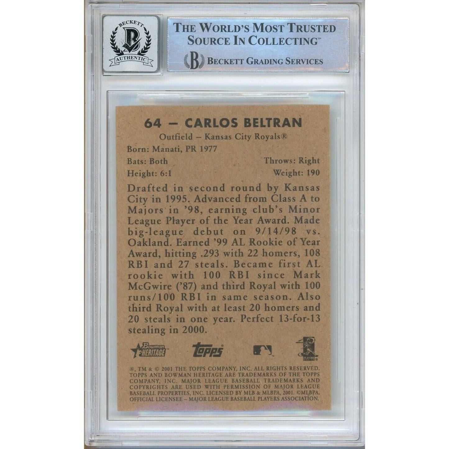 2001 Bowman Heritage #64 — Carlos Beltran Kansas City Royals Autographed Trading Card — Beckett Authentication