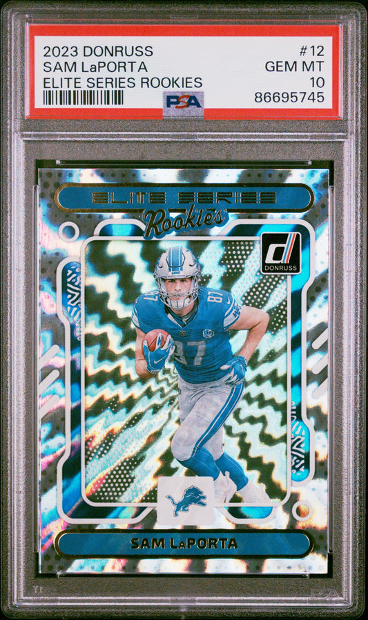 Graded 2023 Panini Donruss Sam LaPorta #12 Elite Series Rookies RC Football Card PSA 10 Gem Mint