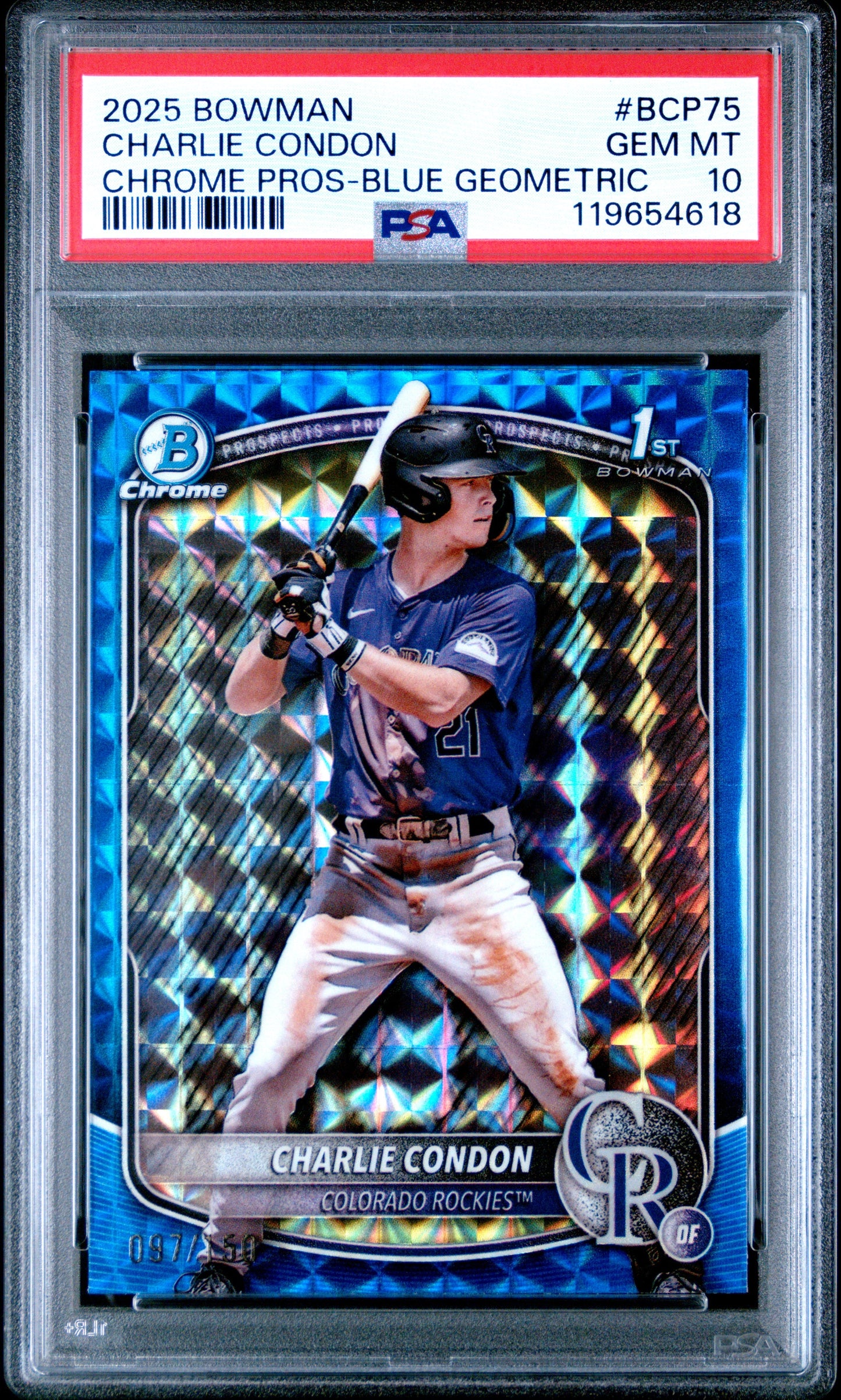 Graded 2025 Topps Bowman Charlie Condon #BCP75 Blue Geometric /150 Rookie RC Baseball Card PSA 10 Gem Mint