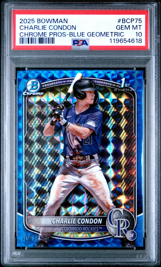 Graded 2025 Topps Bowman Charlie Condon #BCP75 Blue Geometric /150 Rookie RC Baseball Card PSA 10 Gem Mint
